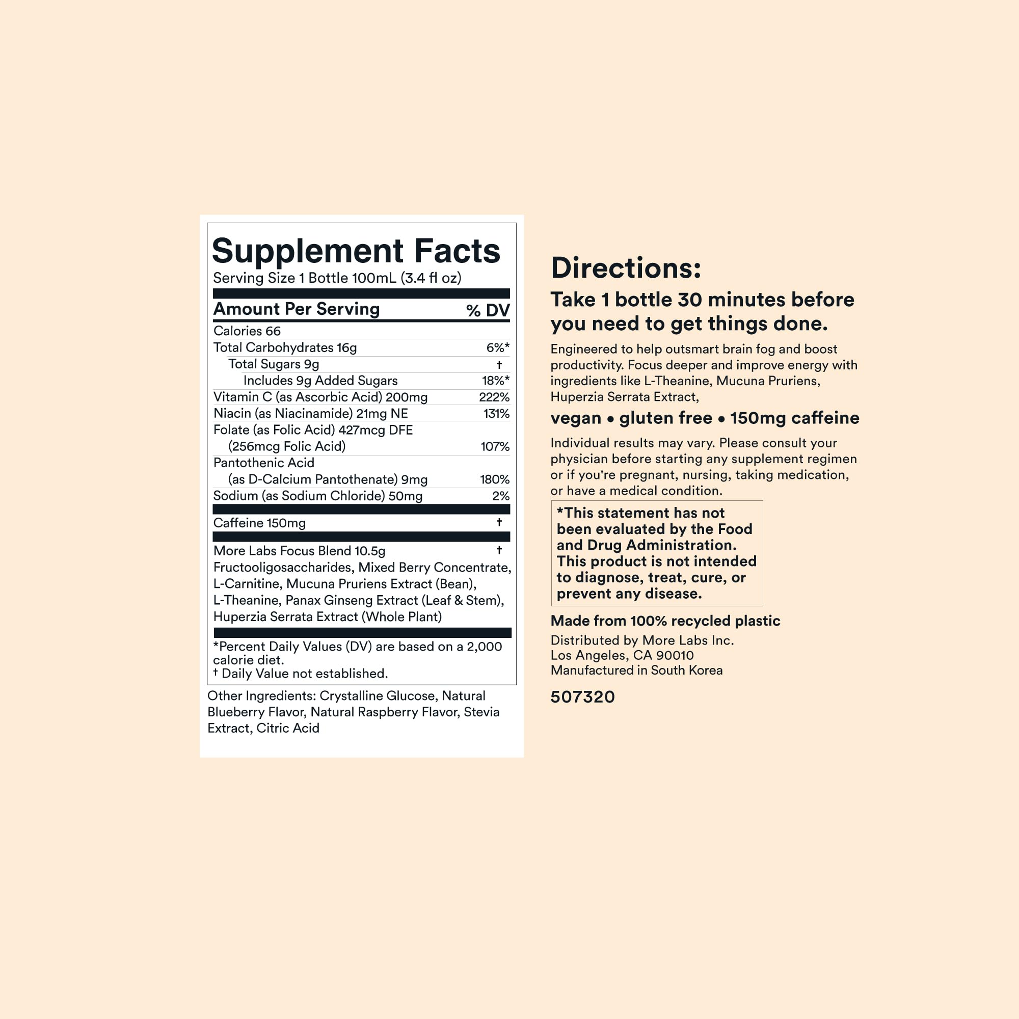 More Labs Liquid Focus, Nootropic Smart Drink with Powerful Antioxidants & Adaptogenic Herbs for Energy and Concentration, 150mg Caffeine (Pack of 12) More LabsAu supplements