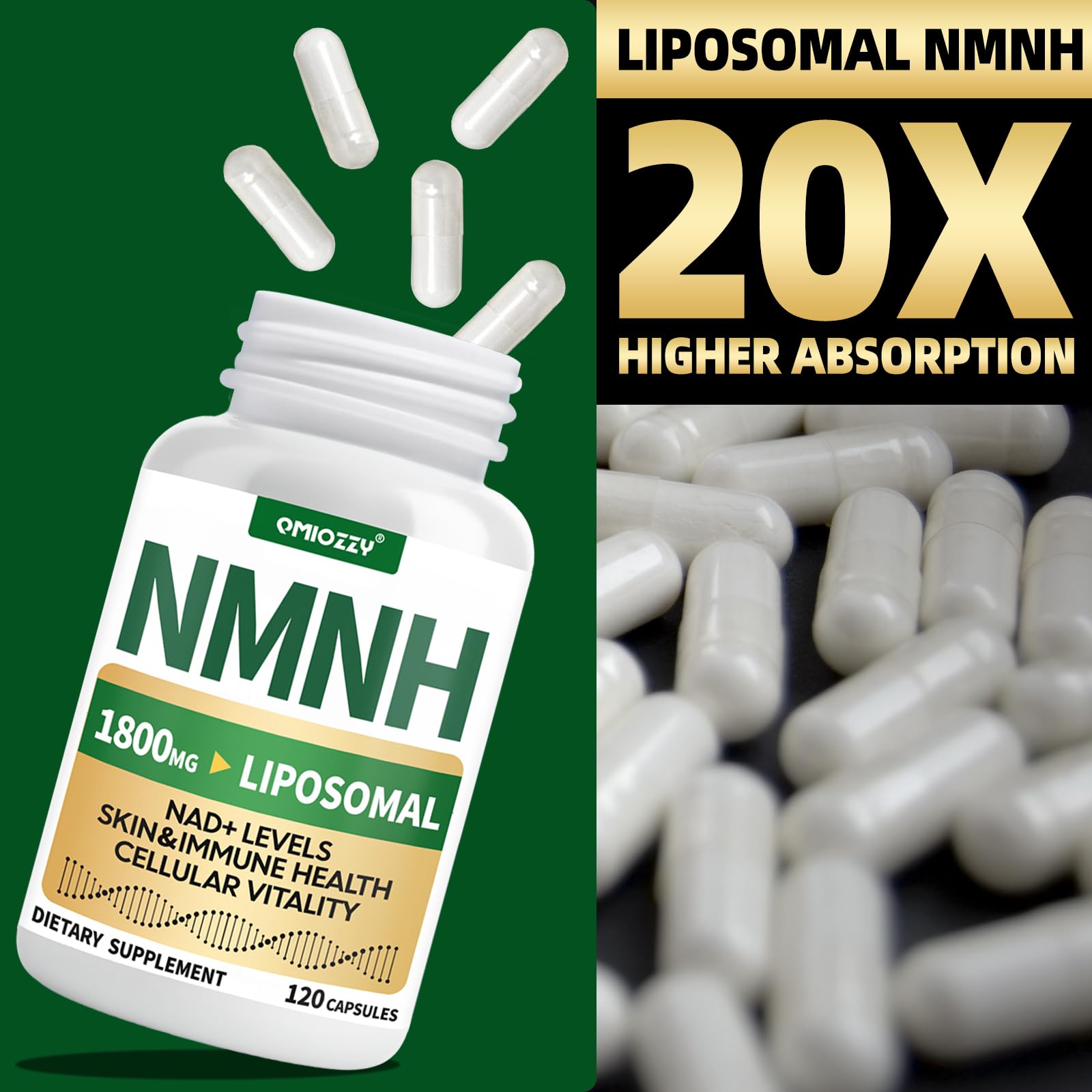 NMNH Supplement 1000mg - Nicotinamide Mononucleotide Alternative, Boost NAD+ with Liposomal Resveratrol & Nicotinamide Riboside NR, for Healthy Cellular, Aging, Energy, 120 Vegan Non-GMO Capsules QmiozzyAu supplements