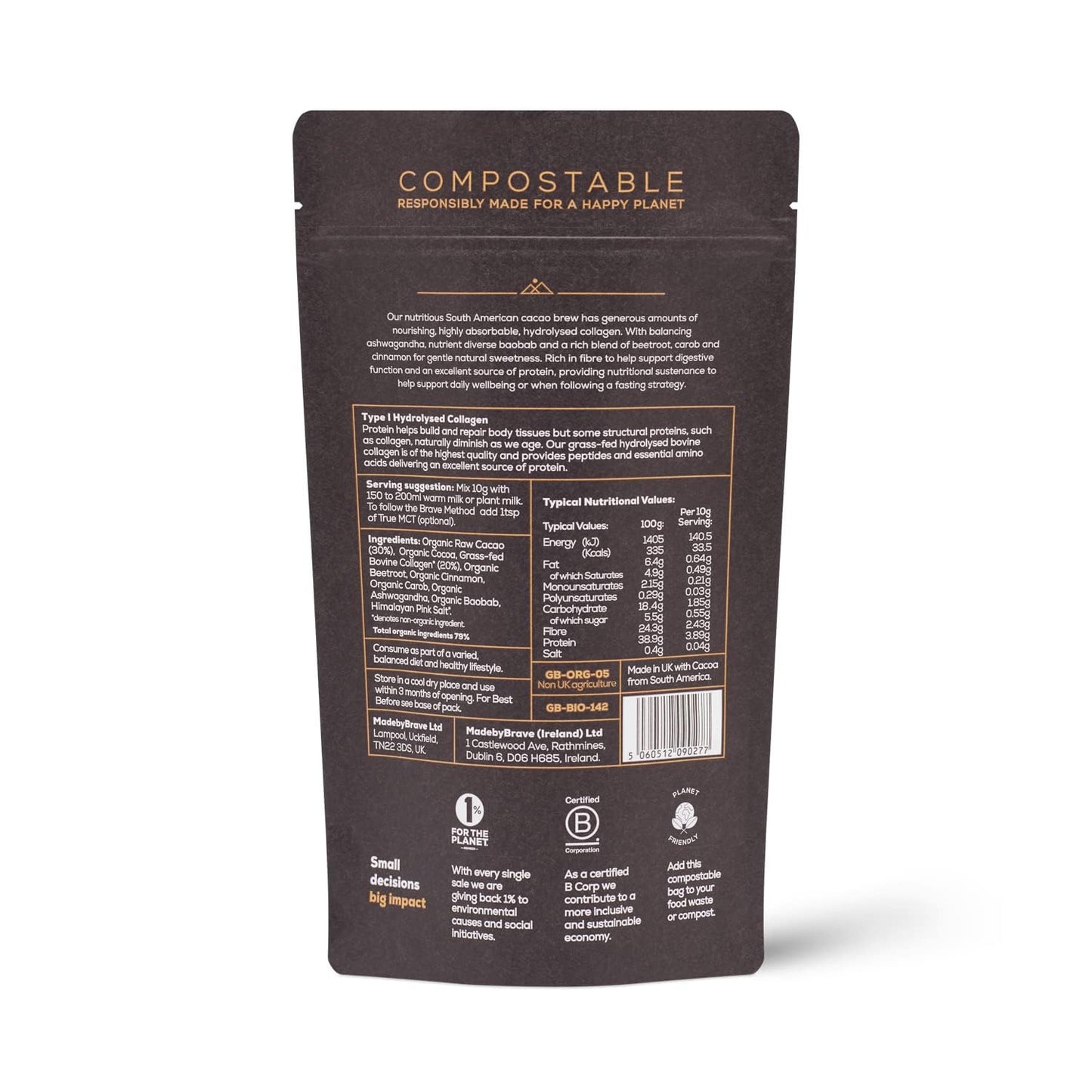 Ancient + Brave - Cacao + Collagen Powder 250g - Peruvian Raw Cacao Hot Chocolate with Grass Ancient + BraveUS supplements
