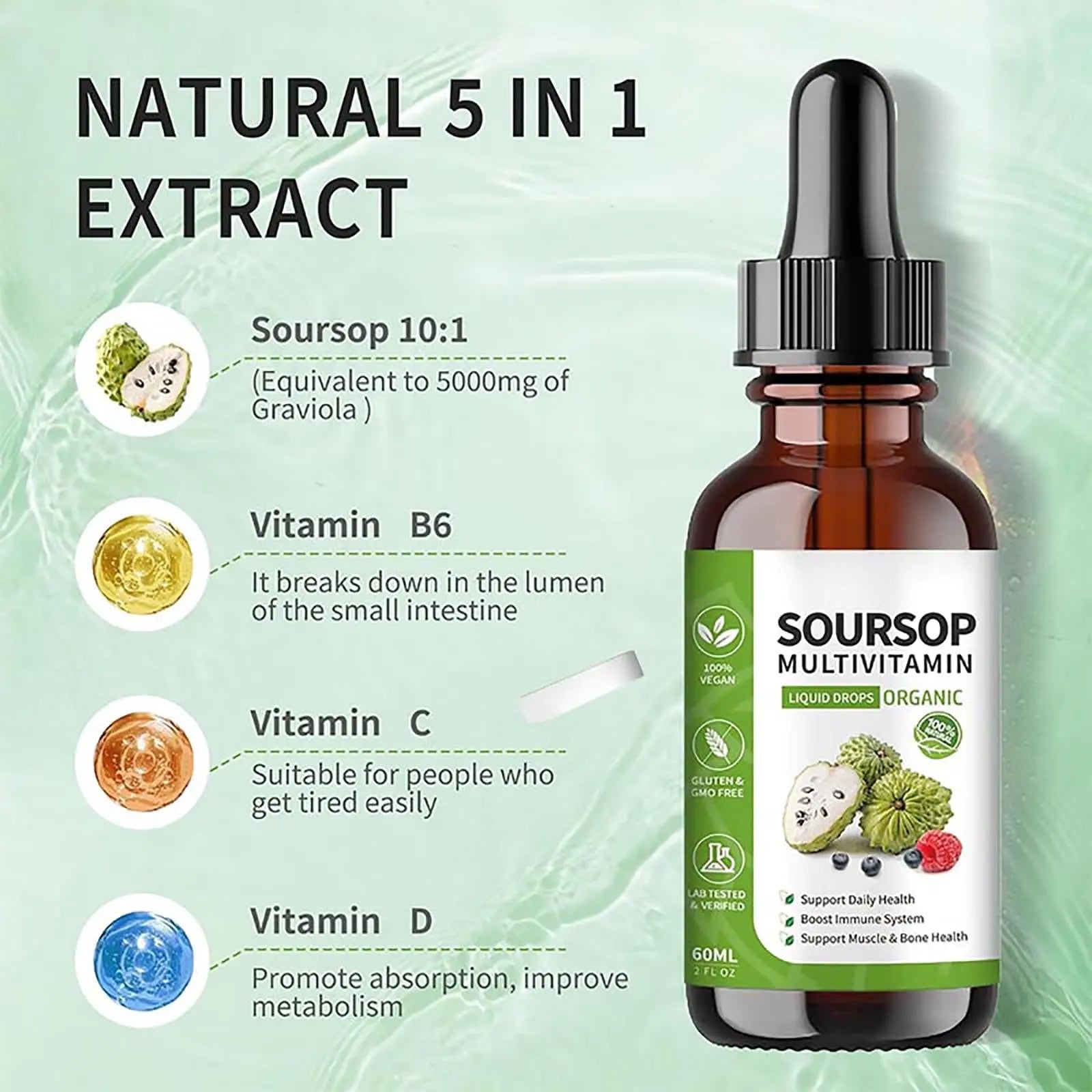 Soursop Bitters Liquid 2 Fl Oz, Soursop Graviola Leaf Extract Liquid Drop, Soursop Multivitamin Liquid Drops Organic for Cell Support, Immune System, Relax bogomoAu supplements