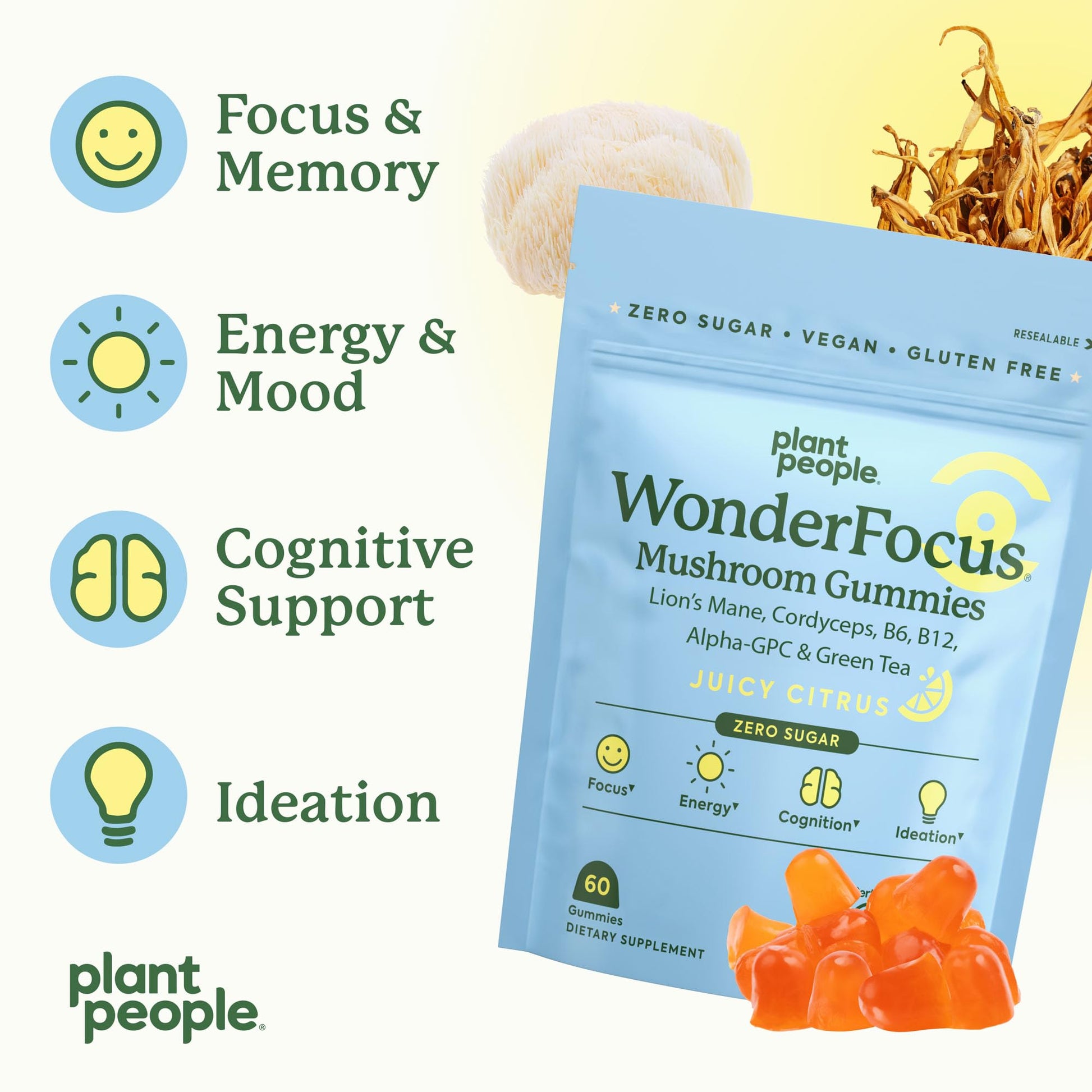Plant People WonderFocus Mushroom Gummies with Lion’s Mane & Cordyceps - Nootropic Brain Supplement Boosts Memory, Focus, Energy & Mood in Adults | No Sugar, 100% Vegan, Citrus Flavor, 60 Count Plant PeopleAu supplements