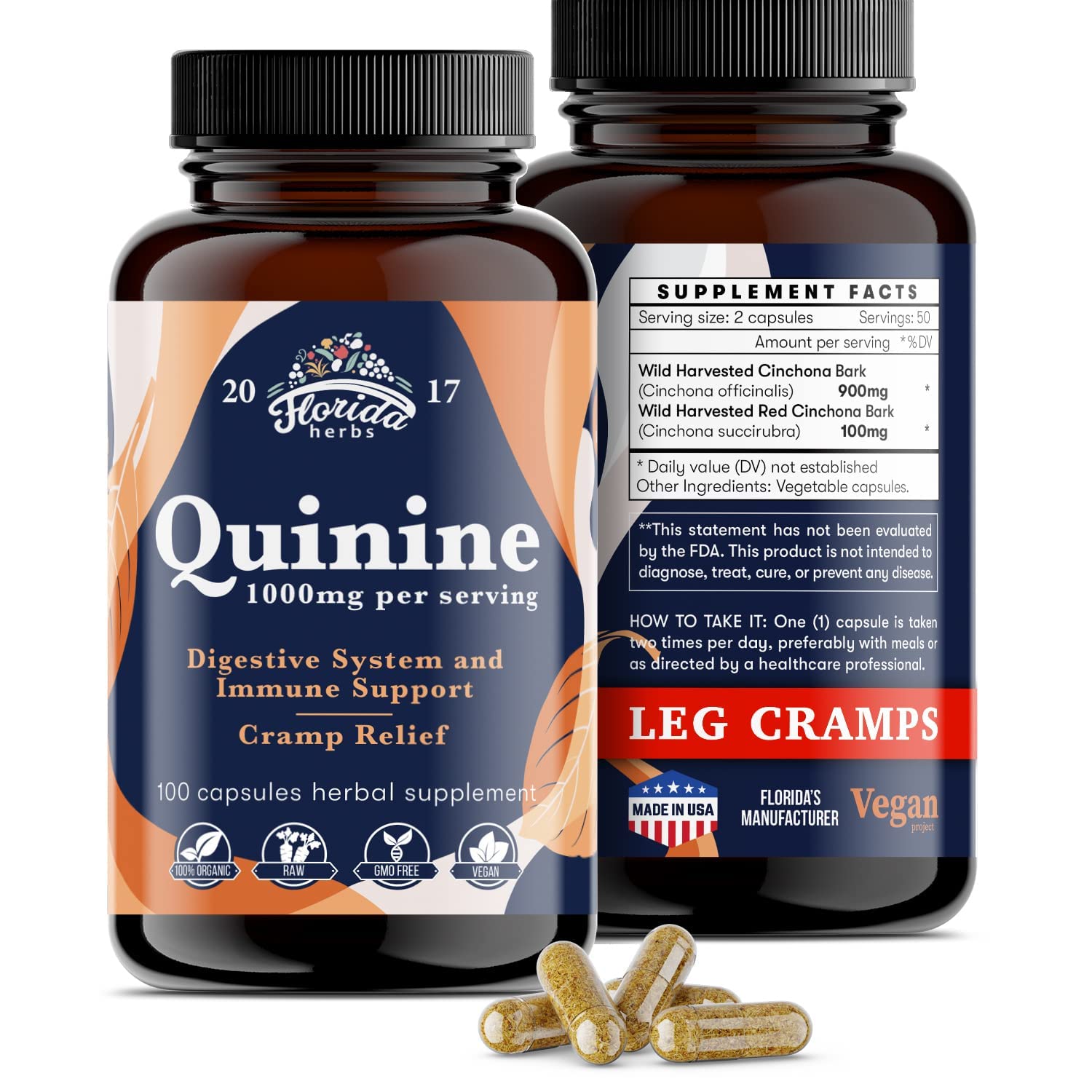 Leg Cramps Support Organic Pills - 1000 mg - Quinine Tablets for Cramp Defense FLORIDA HERBSUS supplements