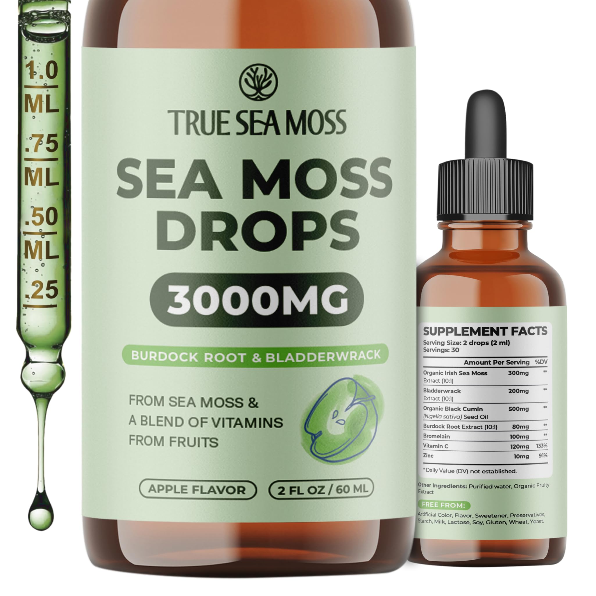 Irish Sea Moss Liquid Drops - 3000mg Formula - with Bladderwrack, Burdock Root & Black Cumin Seed - Liquid Supplement - Apple Flavor - 2 Fl Oz (60ml) TrueSeaMossAu supplements