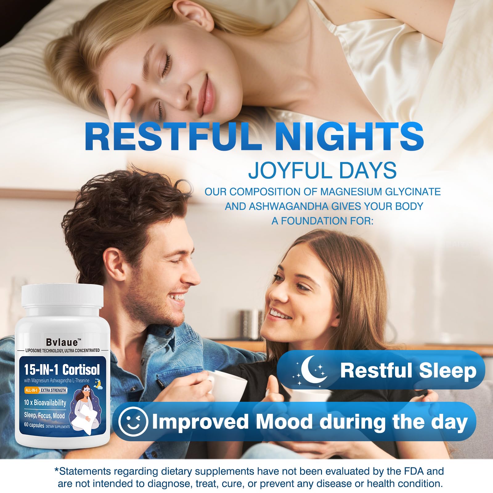 Bvlaue Cortisol Supplements for Women & Men - 15-in-1 Cortisol Reducer Manager Lower w/Ashwagandha,Magnesium,L-Theanine/Saffron Vitamin B6 & B12,60 Vegan CT for Stress Relief Sleep,Mood,Non-GMO BvlaueAu supplements