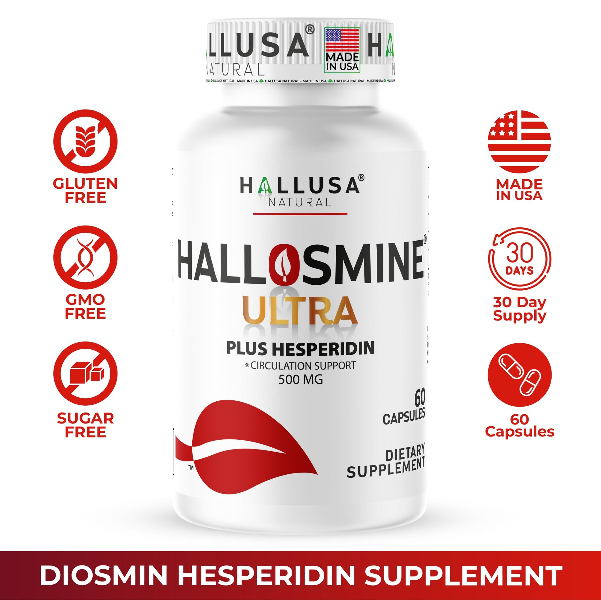 Hallusa Natural Hallosmine Ultra Diosmin 500mg & Hesperidin 150mg – Heavy Legs, Swelling & Vein - Blood Circulation Supplements, 60 Caps Hallusa NaturalAu supplements