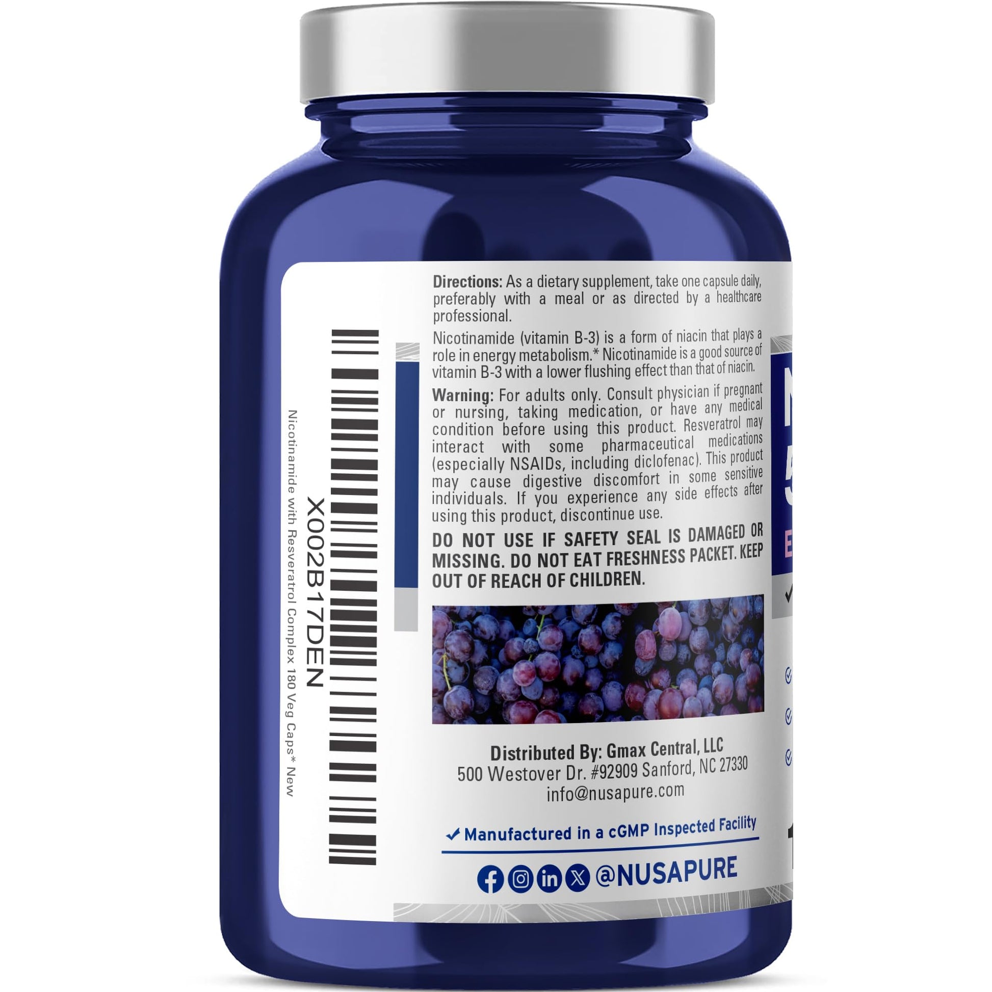 NusaPure Nicotinamide with Resveratrol (Vitamin B-3) 500 mg - 180 Vegetarian Caps (Non-GMO & Vegan) NusaPureAu supplements