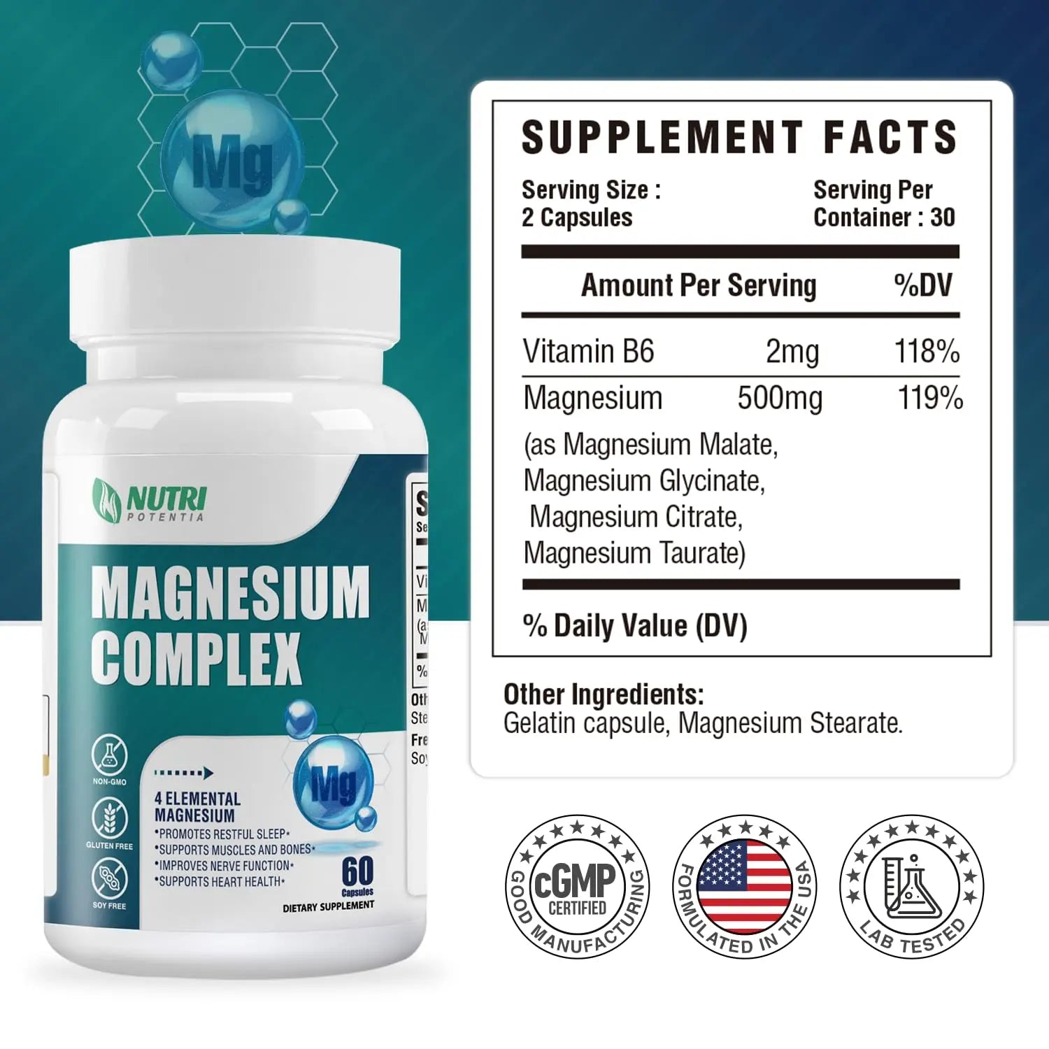 Magnesium Complex for Women&Men,With Glycinate Malate Citrate Taurate.Support for Sleep,Stress Relief,Cognitive Function,Magnesium Supplement 500mg,Third-Party Tested(Made & Tested in USA)-60 Capsules NUTRI POTENTIAnz supplements