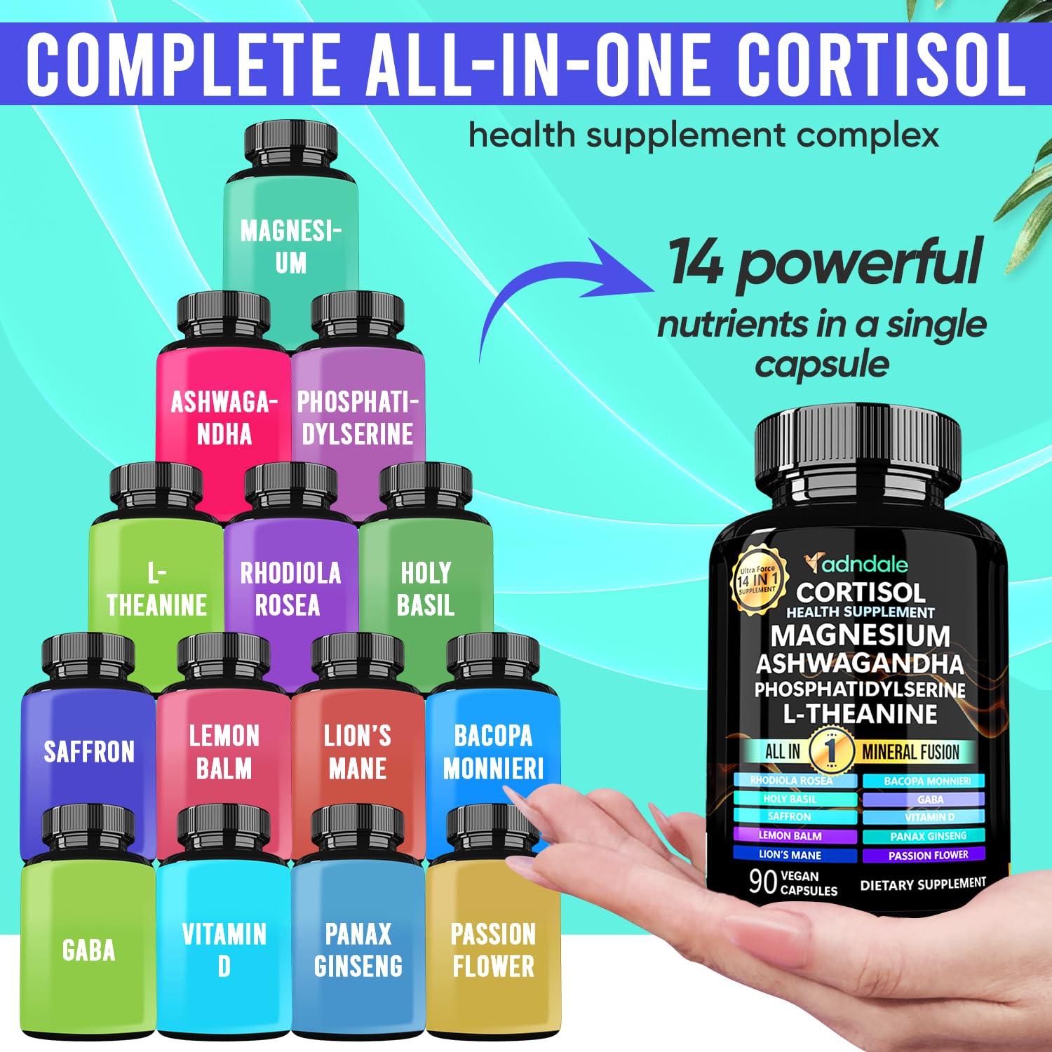 Adndale Cortisol Supplements for Women. Cortisol Reducer 14-in-1 Ashwagandha Supplement with Magnesium Glycinate, L-Theanine & More. 90 Capsules. AdndaleAu supplements