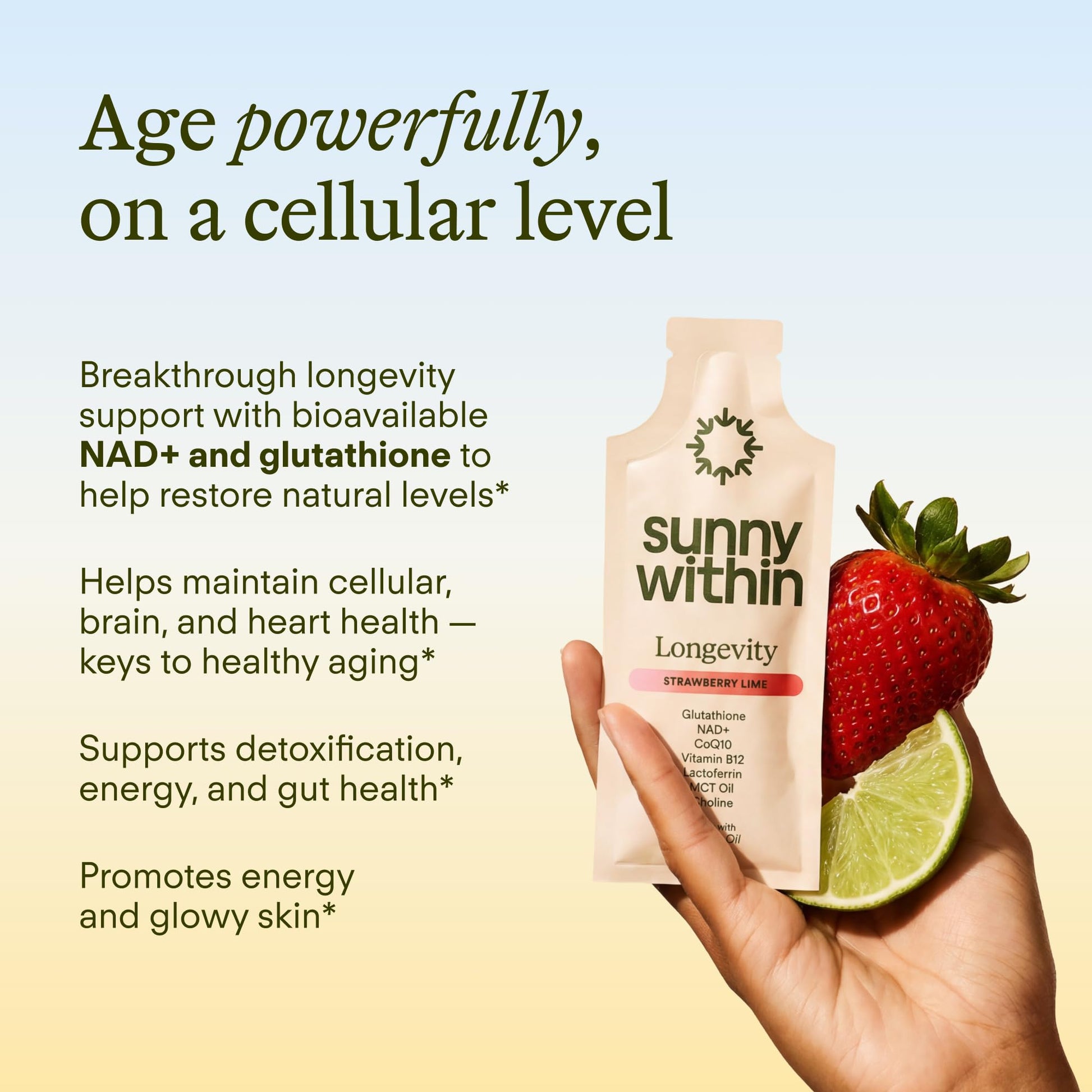 Sunny Within - Liposomal Glutathione Supplement NAD+ Longevity Mix w/Liquid NAD+, CoQ10, B12, MCT & Avocado Oil – Cellular Health, Energy, Brain, Gut & Heart Support* – Strawberry Lime – 30 Pouches Sunny WithinAu supplements