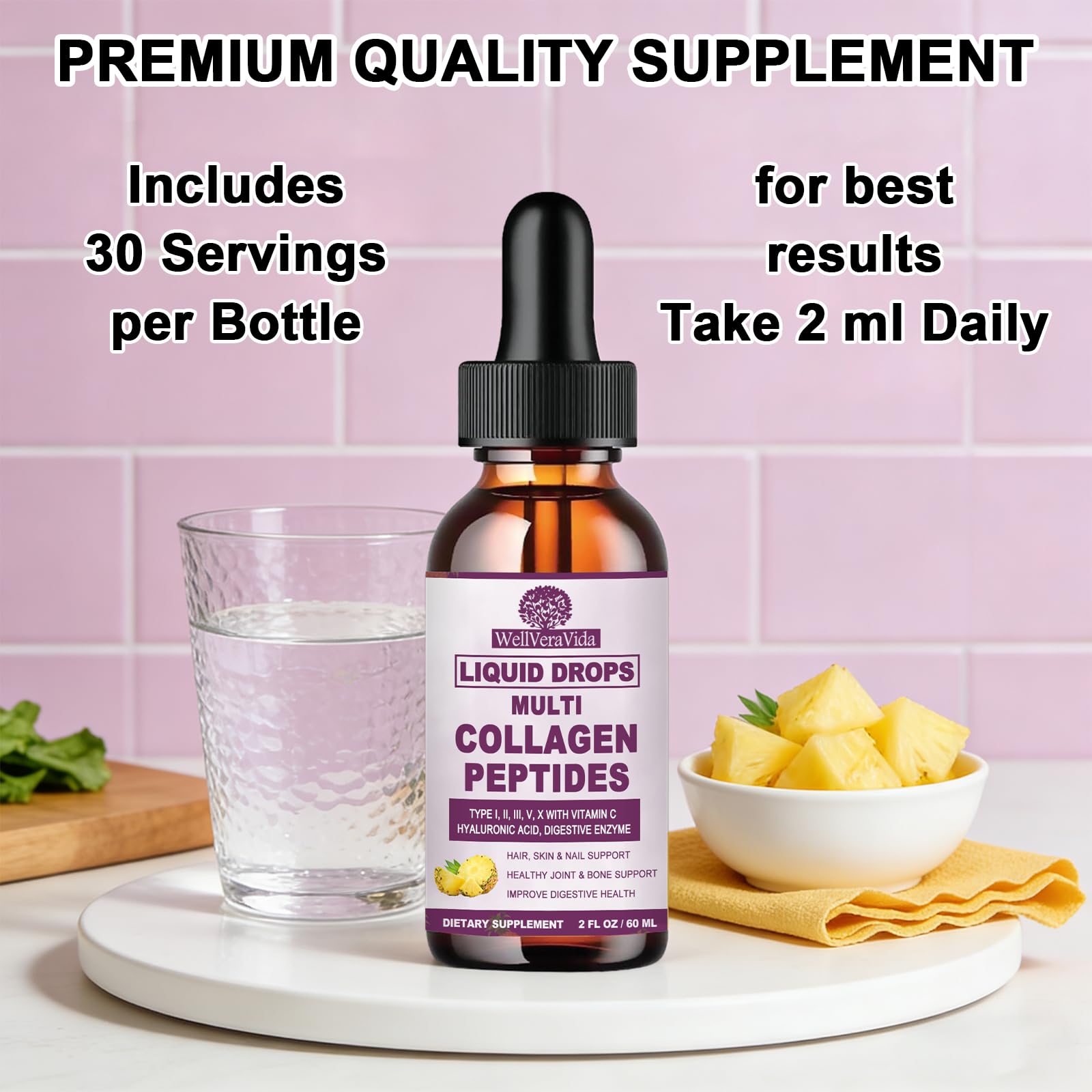 Multi Collagen Peptides Liquid Drops, 2oz – Types I, II, III, V, X, Hydrolyzed Collagen Complex for Hair, Skin, Nails, Bones & Joint Support | Collagen Supplement w. Hyaluronic Acid, Biotin, Vitamin C WellVeraVidaAu supplements