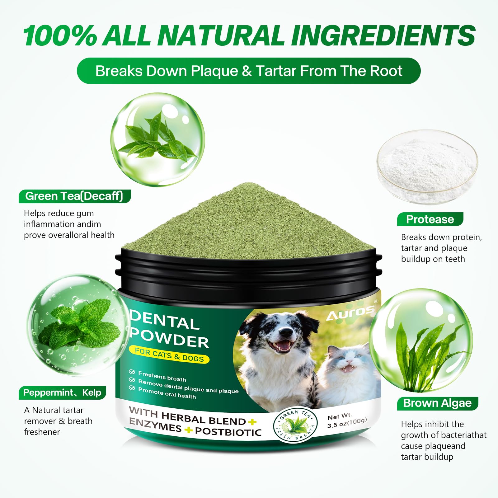 Dog Dental Powder for Teeth Cleaning Plaque & Bad Breath Off, Dental Powder for Dogs Teeth with Natural Herbal Blend & Postbiotics, Dog Teeth Cleaning Powder with Enzymes for Dogs & Cats (3.5oz) AUROSAu supplements
