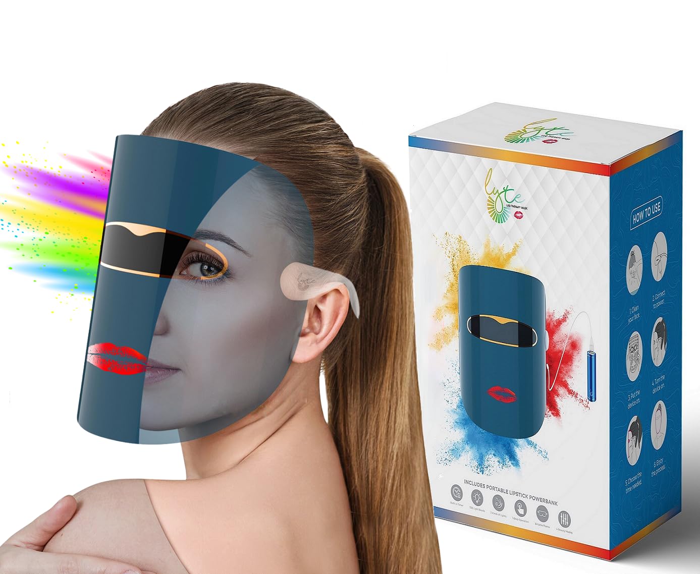 Lyte Wireless LED Light Therapy Mask Red Blue Amber 3 Color Light Weight| Includes Power Lift CareAu supplements