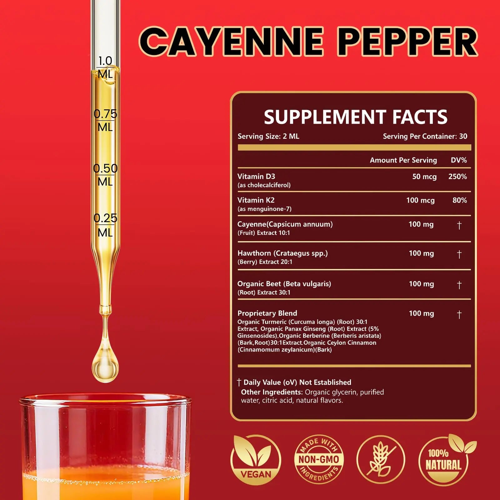 Cayenne Pepper Drops Supplement Liquid with Hawthorn Berry, Vitamin D3 K2, Turmeric Curcumin, Beet Root, Ceylon Cinnamon Vegan- Friendly - 60ml Rshoiwnz supplements