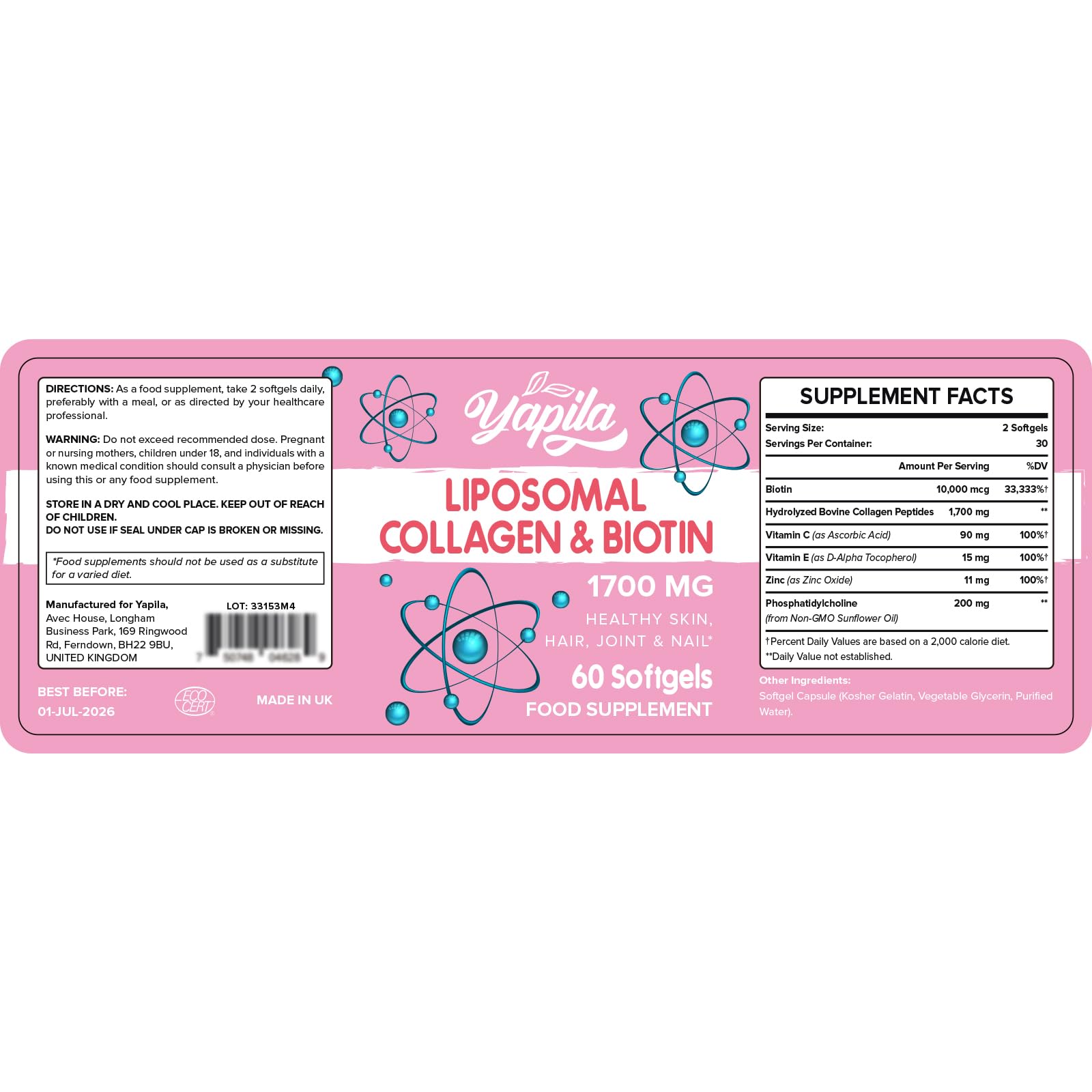 Liposomal Collagen Biotin Capsules, Hydrolyzed Bovine Collagen Peptides 1700 mg, Types 1 & 3 Protein YapilaAu supplements
