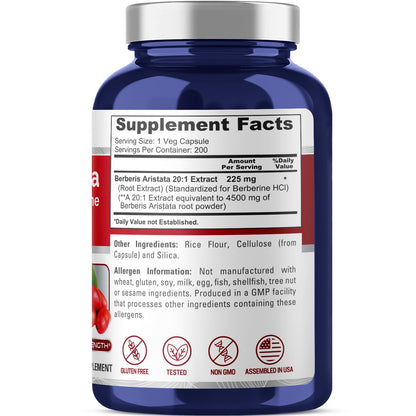 NusaPure Berberine HCI 4500 mg - 200 Veggie Caps - 6 Months Supply - (100% Vegetarian NusaPureUS supplements