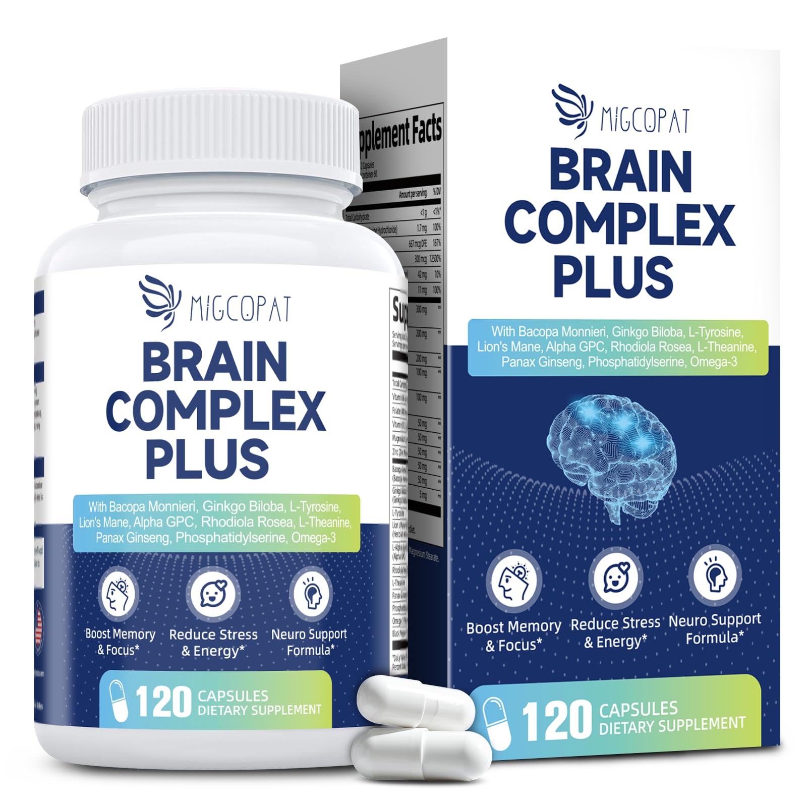 Brain Supplements for Memory & Focus - Nootropic with Bacopa Monnieri, Lion's Mane, Alpha GPC, Phosphatidylserine | Supports Mental Clarity & Cognitive Function | Vitamin B6 & B12-120 Capsules MigcopatAu supplements