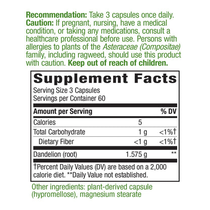 Nature's Way Dandelion Root Diuretic Herb* 525 mg per Capsule Non-GMO Nature's WayUS supplements