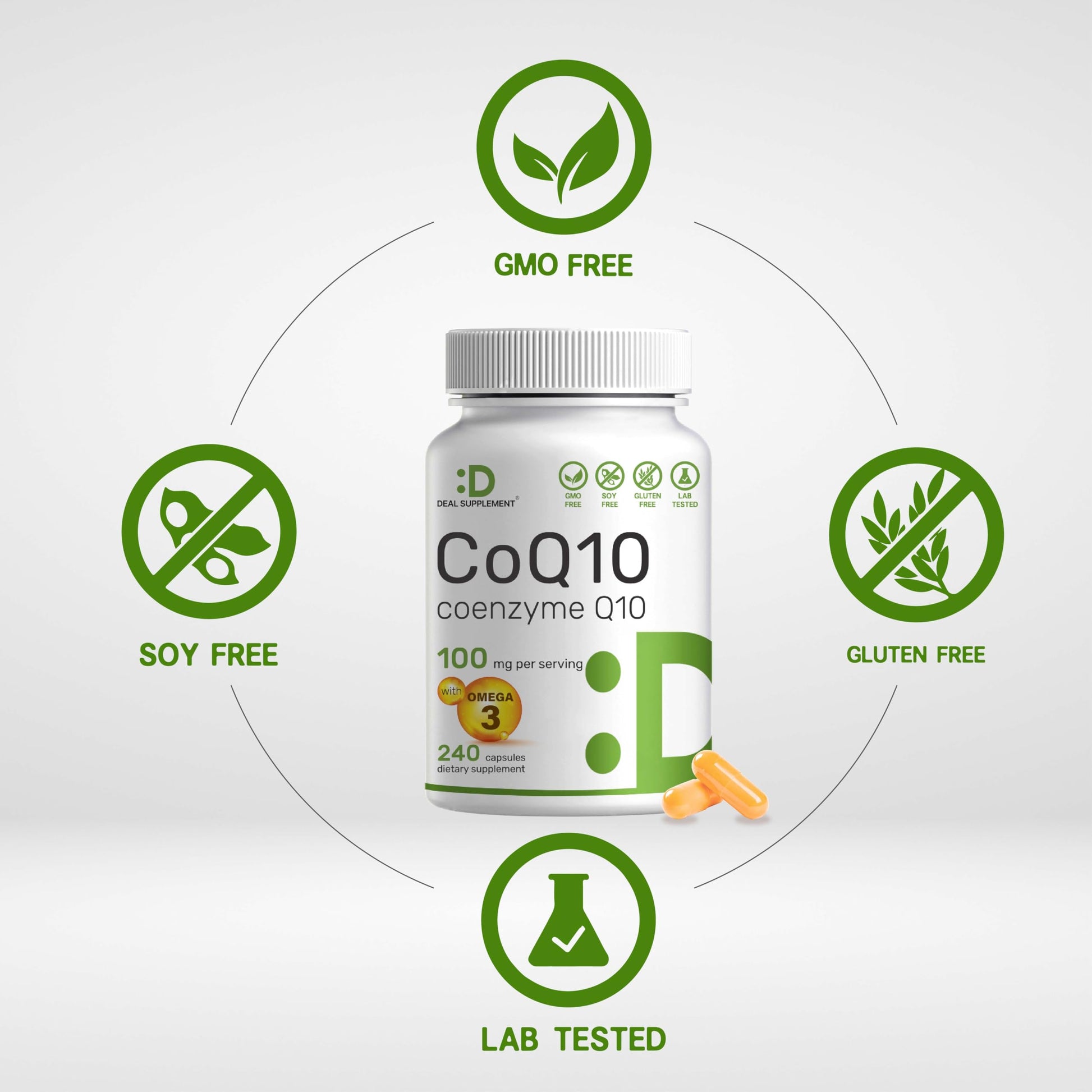 CoQ10 100mg, 240 Capsules – with Omega 3 Fatty Acid 100mg – Bioavailable Coenzyme DEAL SUPPLEMENTUS supplements