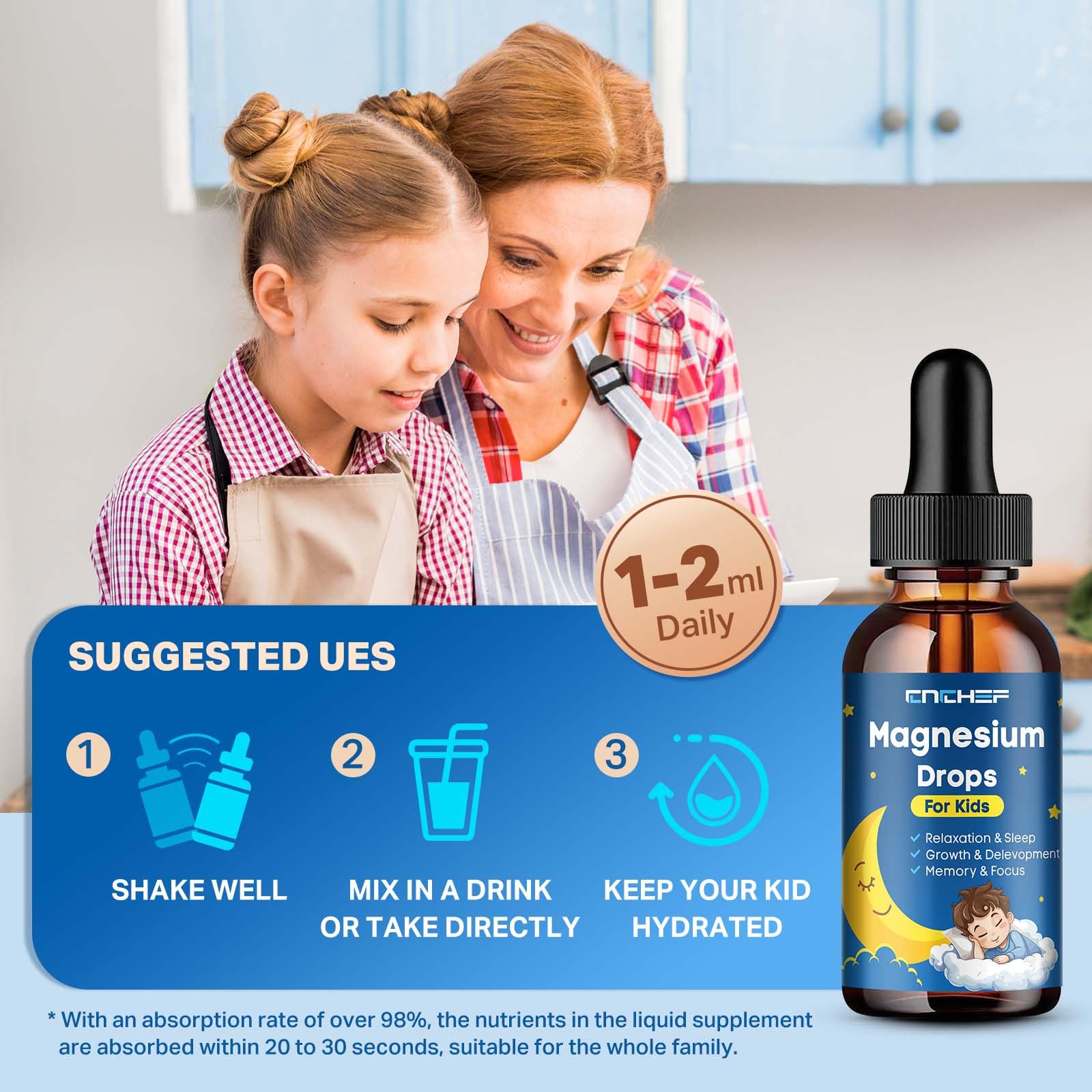 Magnesium Drops - Magnesium Glycinate Liquid Drops for Kids - Calm, Sleep, Relaxation, Bones, Brain Support with Vitamin B6, C, D3, Omega-3, L-Theanine, Zinc, Multivitamins - Strawberry Flavor 2 Fl Oz CNCHEFAu supplements