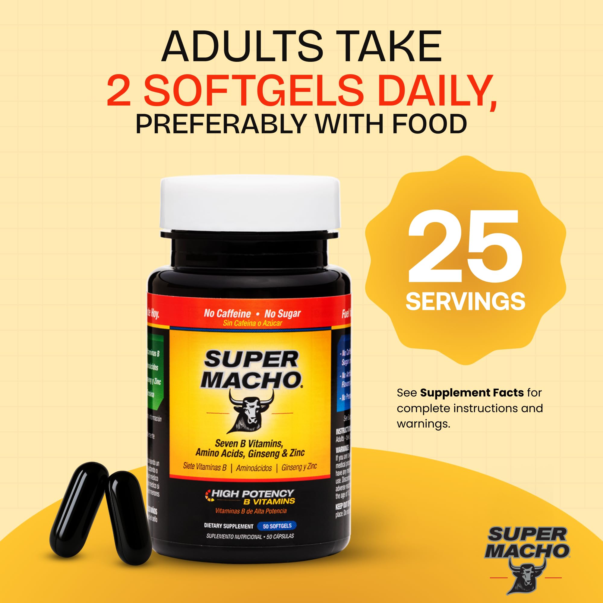 Super Macho, High Potency B Vitamins and Amino Acids, Fuel for Today's Active Men, No Caffeine, No Sugar, Dietary Supplement, Made in USA,50 Softgels Super MachoAu supplements
