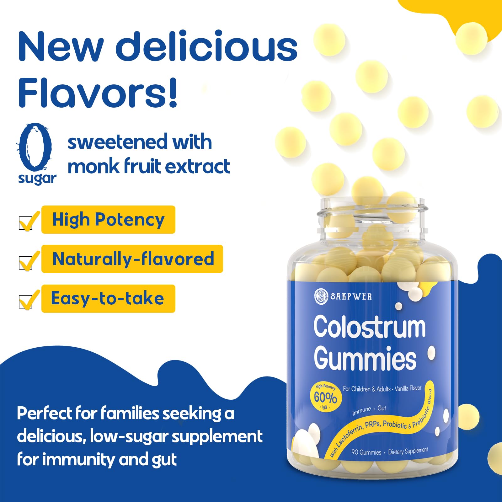Sakpwer Bovine Colostrum Supplement Gummies - with 60% Highest IgG, Lactoferrin, Probiotics and Prebiotics for Adults and Kids, Vanilla Flavor & Sugar Free, 90 Gummies SakpwerAu supplements