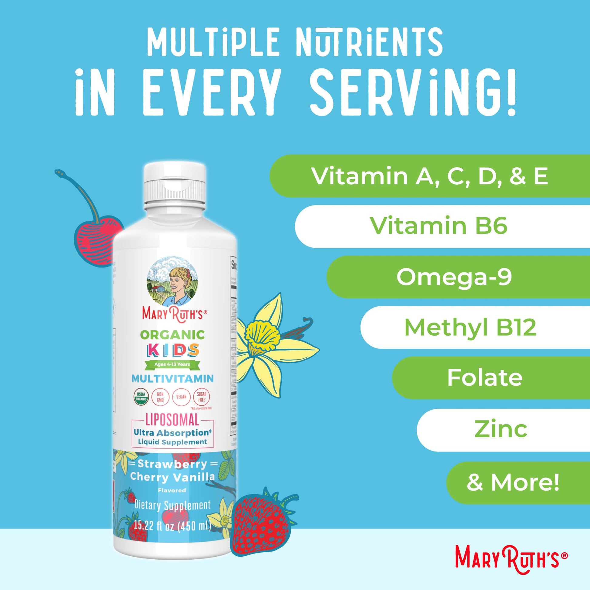 MaryRuth Organics Kids Multivitamin Liposomal | Vegan, Sugar-Free Vitamins for Kids | Ages 4+ | 2 Month Supply | 15.22 Fl Oz MARYRUTH'SUS supplements