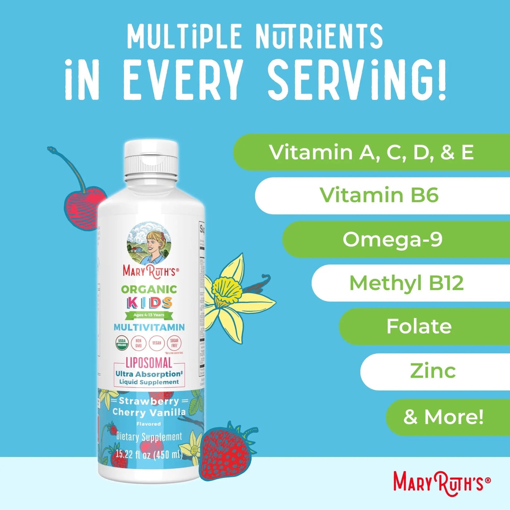MaryRuth Organics Kids Multivitamin Liposomal (Strawberry Cherry & Vanilla) & Vitamin D3 Liposomal (Mixed Berry) Clean Label Project Verified MARYRUTH'SAu supplements