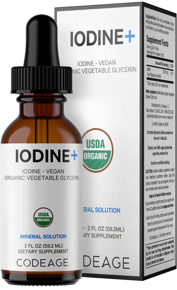 Codeage USDA Certified Organic Iodine Drops - 250 Mcg Per Serving - 1+ Year Supply - Liquid Iodide Supplement - Pure, Clear Iodine - Vegan Potassium Iodine Liquid Drop - 2 fl oz CodeageAu supplements