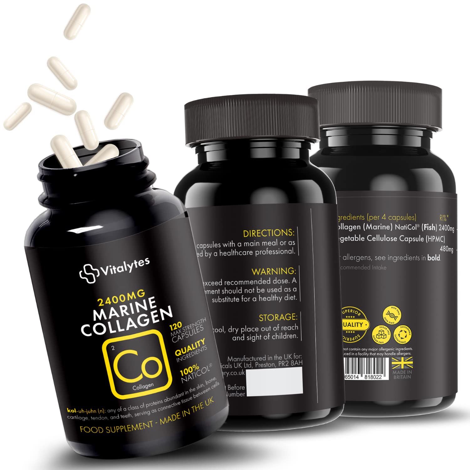 Vitalytes Marine Collagen Supplement 2400mg | 120 Marine Collagen Capsules Made in The UK VitalytesAu supplements