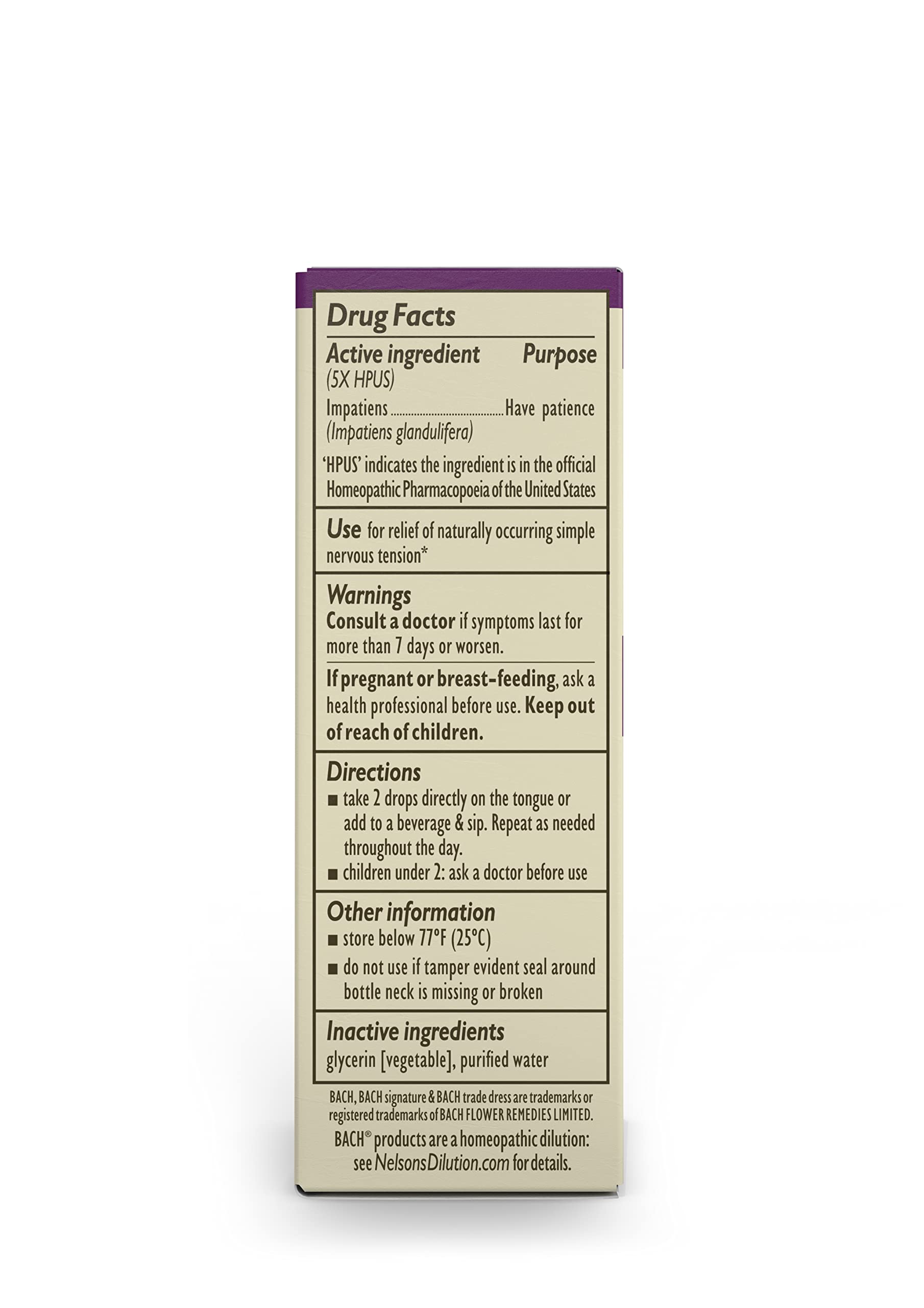Bach Original Flower Remedies, Impatiens for Patience (Non-Alcohol Formula), Natural Homeopathic BachAu supplements