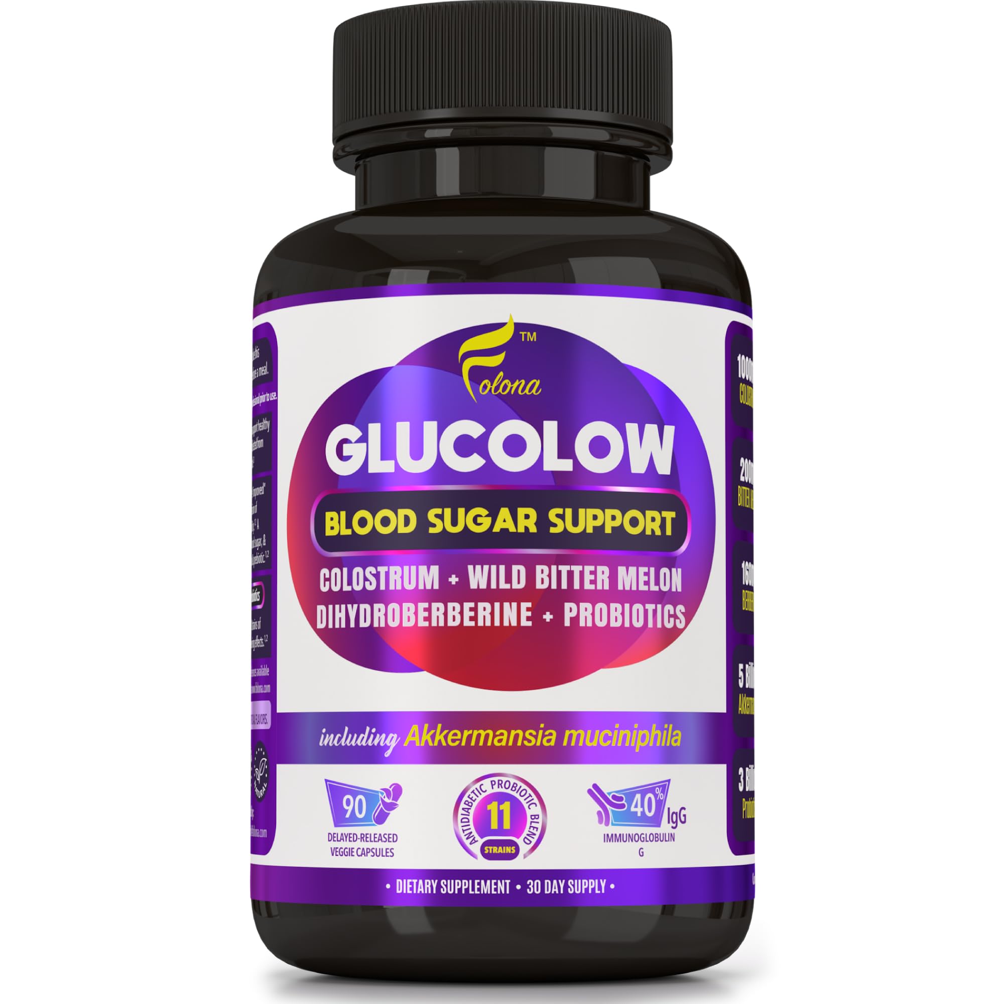 Blood Sugar Support Colostrum Supplement w/ Bitter Melon, Probiotics Blend w/ Akkermansia & Prebiotic Berberine | For Healthy Blood Glucose, Metabolism, Gut & Immunity | 90 Delayed Release Vegan Caps FOLONAAu supplements
