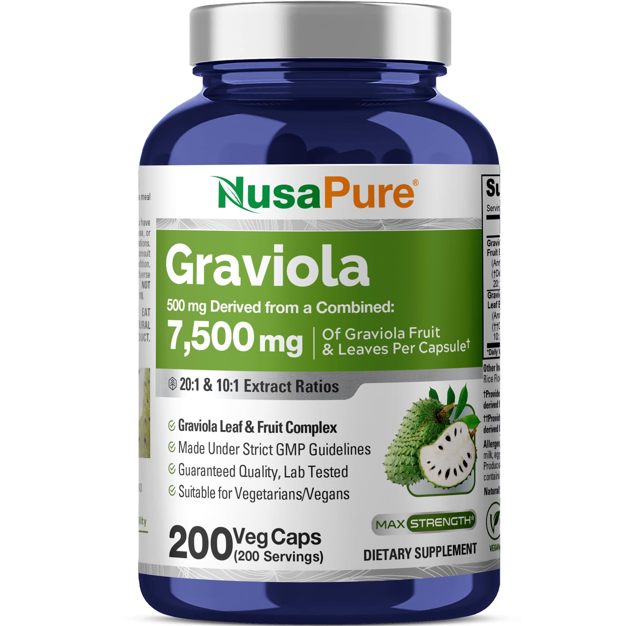 NusaPure Graviola 20:1 & 10:1 Extract - Suitable for Vegetarian/Vegan, Non- GMO - 7500 mg - 200 Capsules NusaPureAu supplements