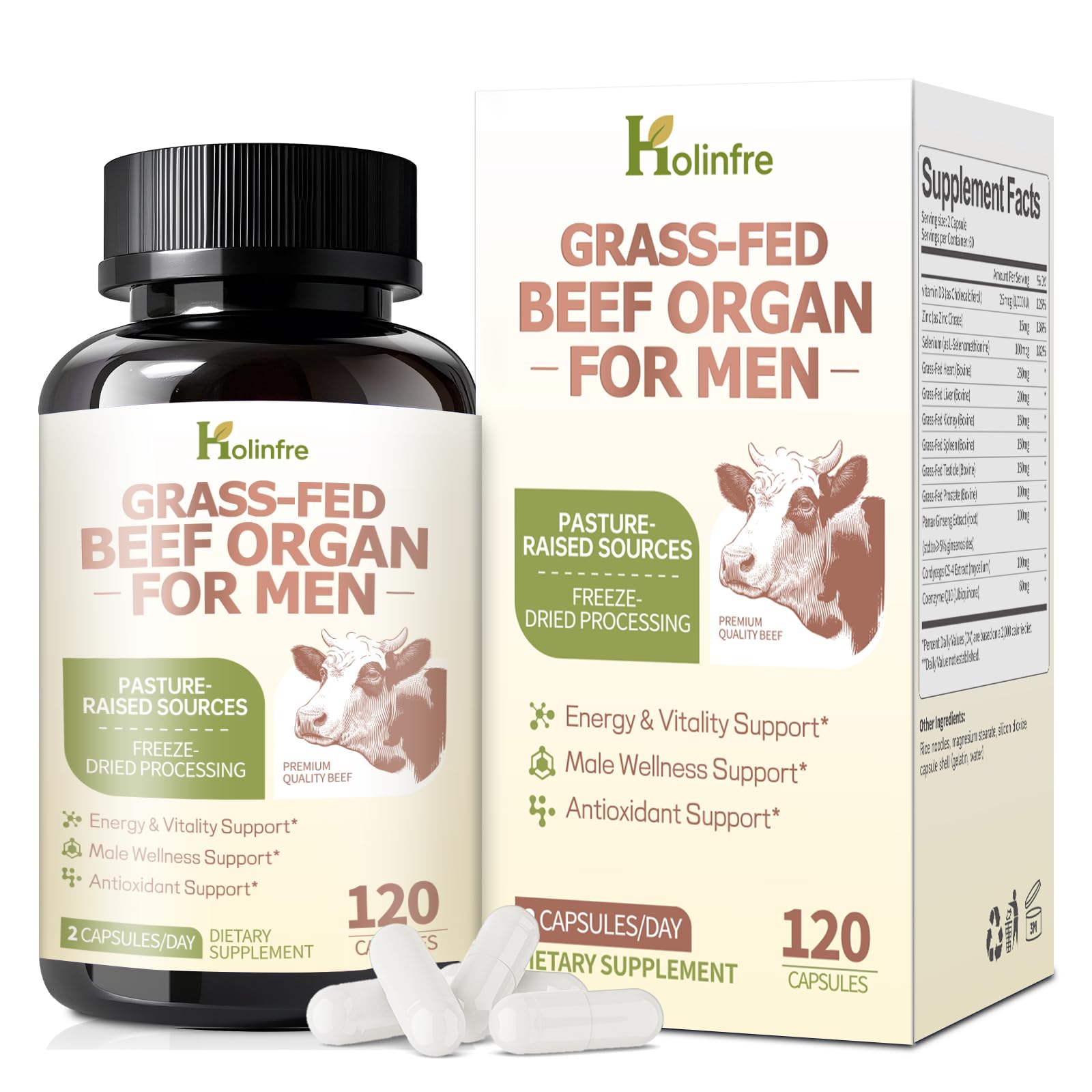 Grass Fed Beef Organ Supplement for Men - Beef Liver Capsules,Pasture Raised Beef Organs with Heart, Liver, Kidney, Spleen, Testicle & Prostate, Zinc, Selenium, Vitamin D3, Ginseng, Cordyceps HOLINFREAu supplements