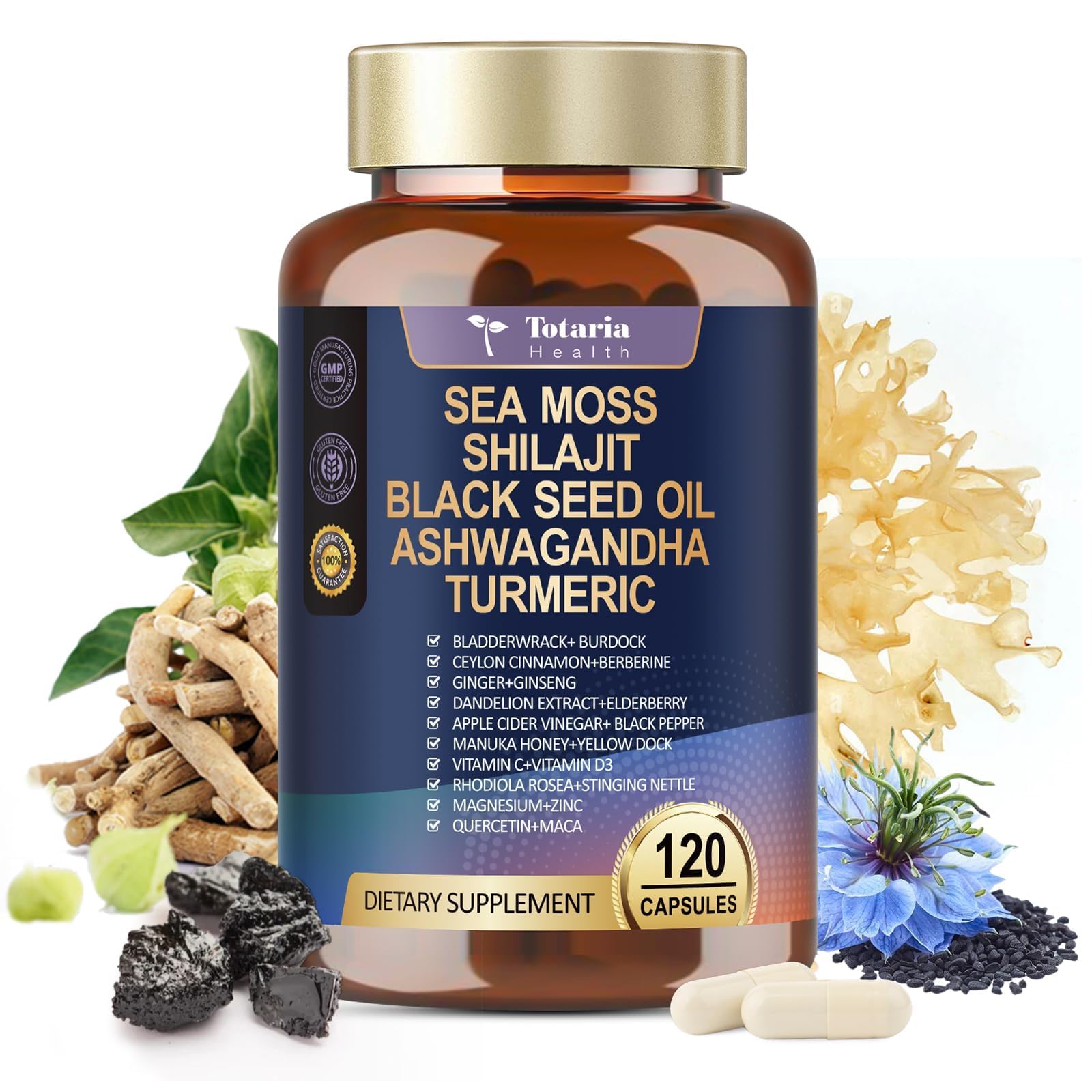 25-in-1 Sea Moss Black Seed Oil Ashwagandha Ginger Shilajit Supplement, Sea Moss Capsules Pro with Bladder Burdock Ceylon Cinnamon Berberine ACV Manuka VIT C & D3 for Men Women, 120 Vegan Caps TotariaAu supplements