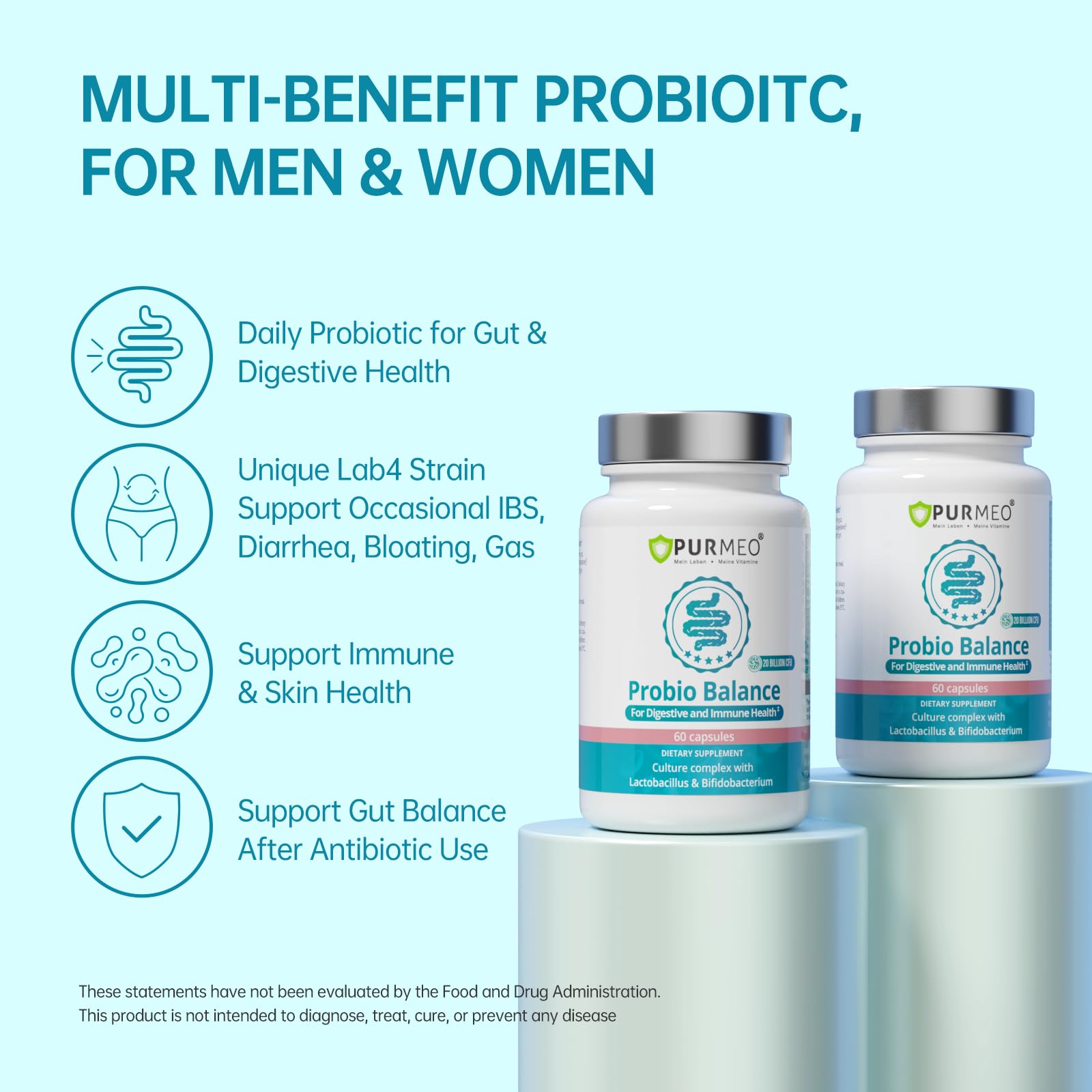 Digestive Probiotics 20X Lab4 Strains for Gut & Immune Health, Pro Formula for Men & Women, Probiotic Capsules Support Diarrhea, Bloating and Gas, Shelf Stable, Vegan, Gluten Free, 60 Days Supply purmeoAu supplements