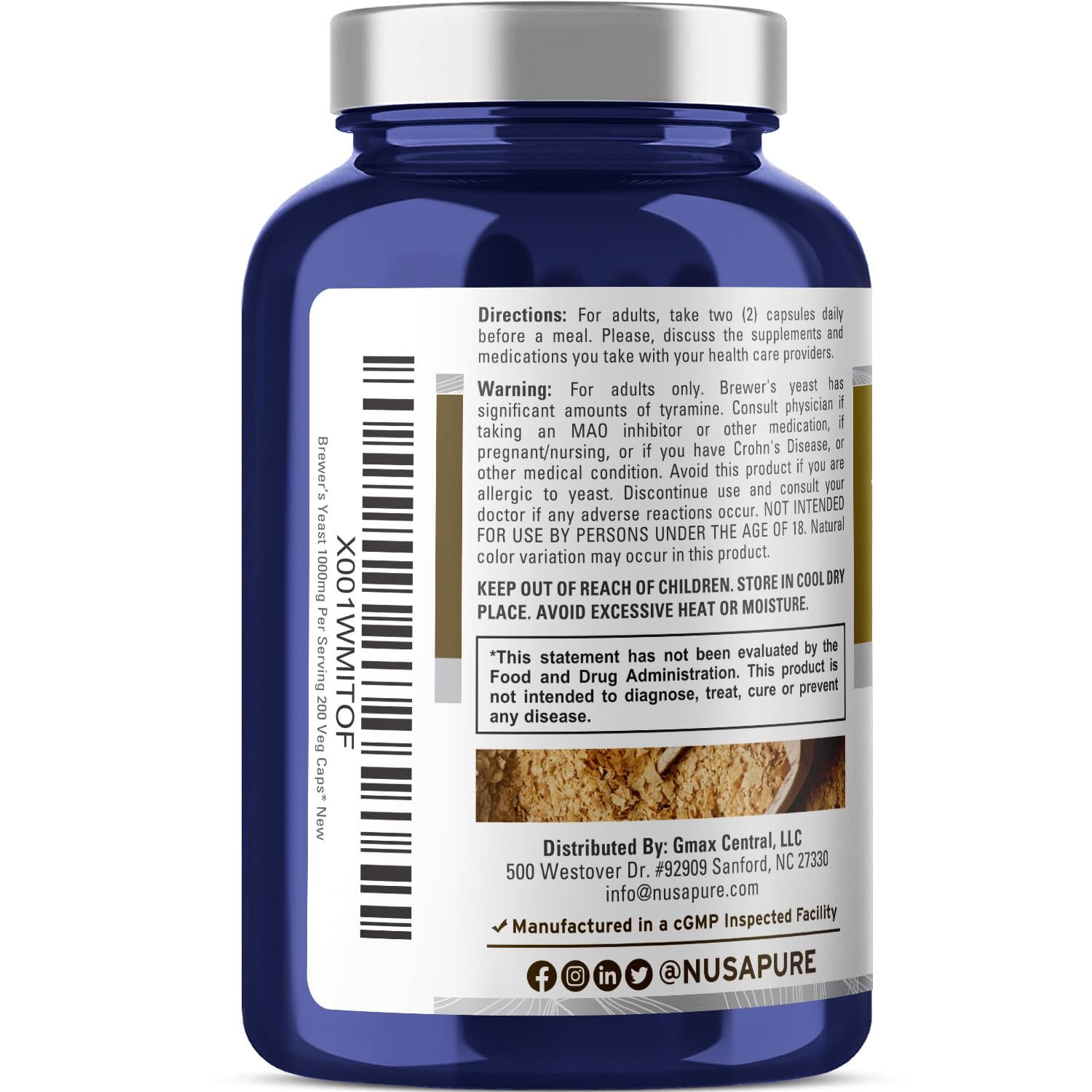 NusaPure Brewer’s Yeast - Suitable for Vegetarian/Vegan, Non - GMO - 1000mg 200 Capsules NusaPureAu supplements