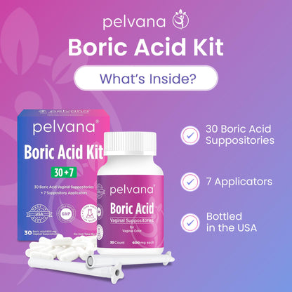 Pelvana Boric Acid Suppositories for Women - 30 Count + 7 Applicators - 600mg Boric Acid Capsules for Vaginal Odor Use PelvanaUS supplements