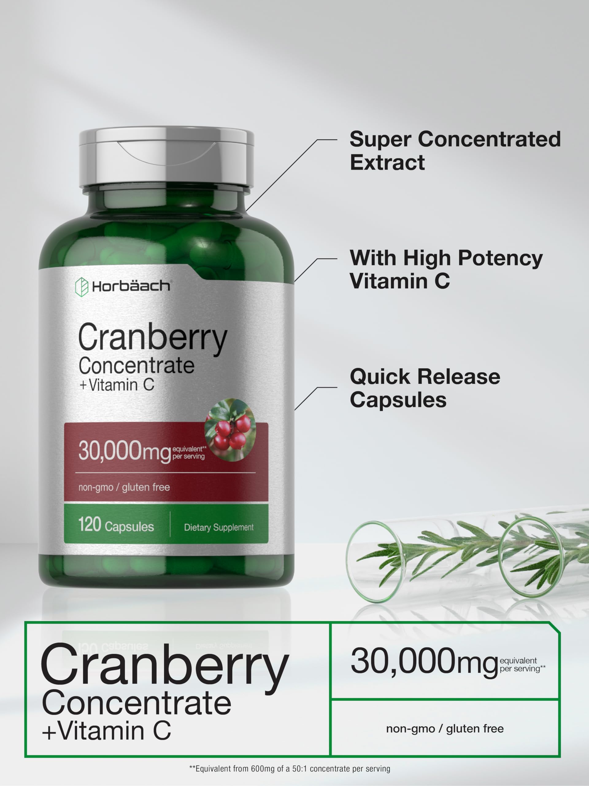 Cranberry Concentrate Extract Pills + Vitamin C | 30,000mg | 120 Capsules | Triple Strength HorbäachAu supplements
