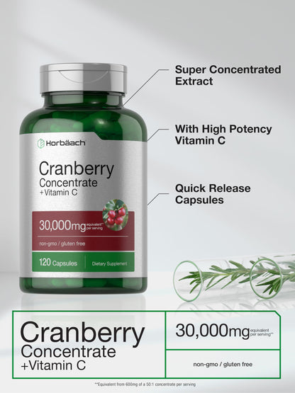 Cranberry Concentrate Extract Pills + Vitamin C | 30,000mg | 120 Capsules | Triple Strength HorbäachUS supplements