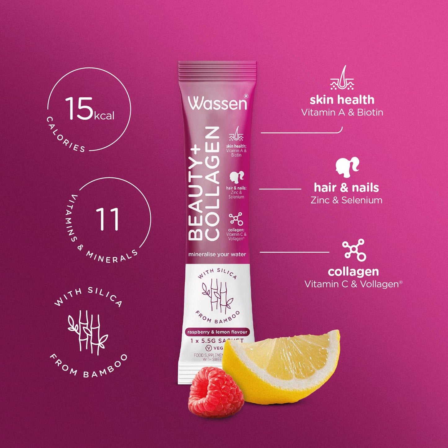 Wassen Beauty and Collagen - Plant-Based Vegan Collagen - 14 Raspberry & Lemon Flavoured Sachets WassenUS supplements
