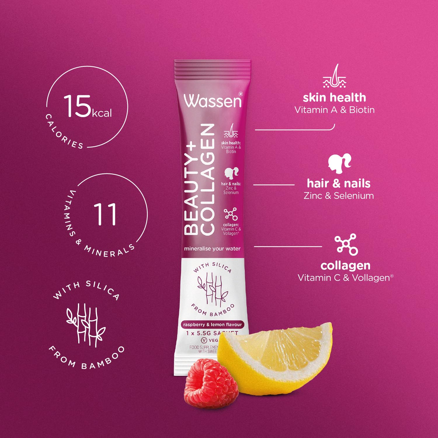 Wassen Beauty and Collagen - Plant-Based Vegan Collagen - 14 Raspberry & Lemon Flavoured Sachets WassenAu supplements