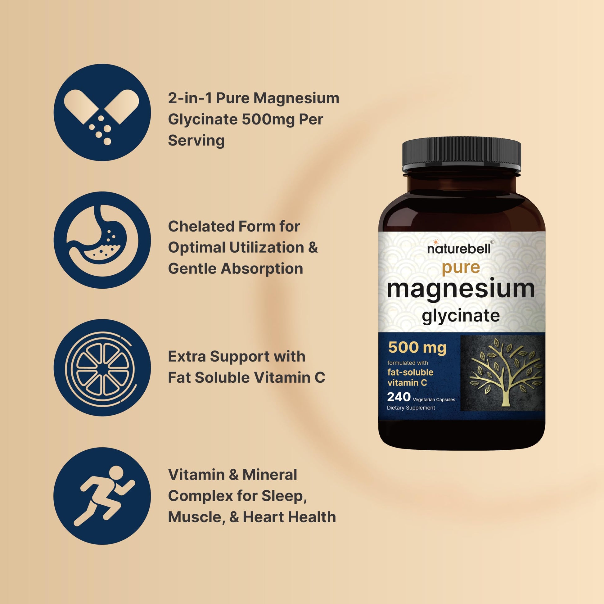 Naturebell Pure Magnesium Glycinate 500mg, 240 Veggie Capsules | 100% Chelated & Purified – 3rd Party Tested, Vegan Friendly, Non-GMO, Fiiler Free NatureBellAu supplements