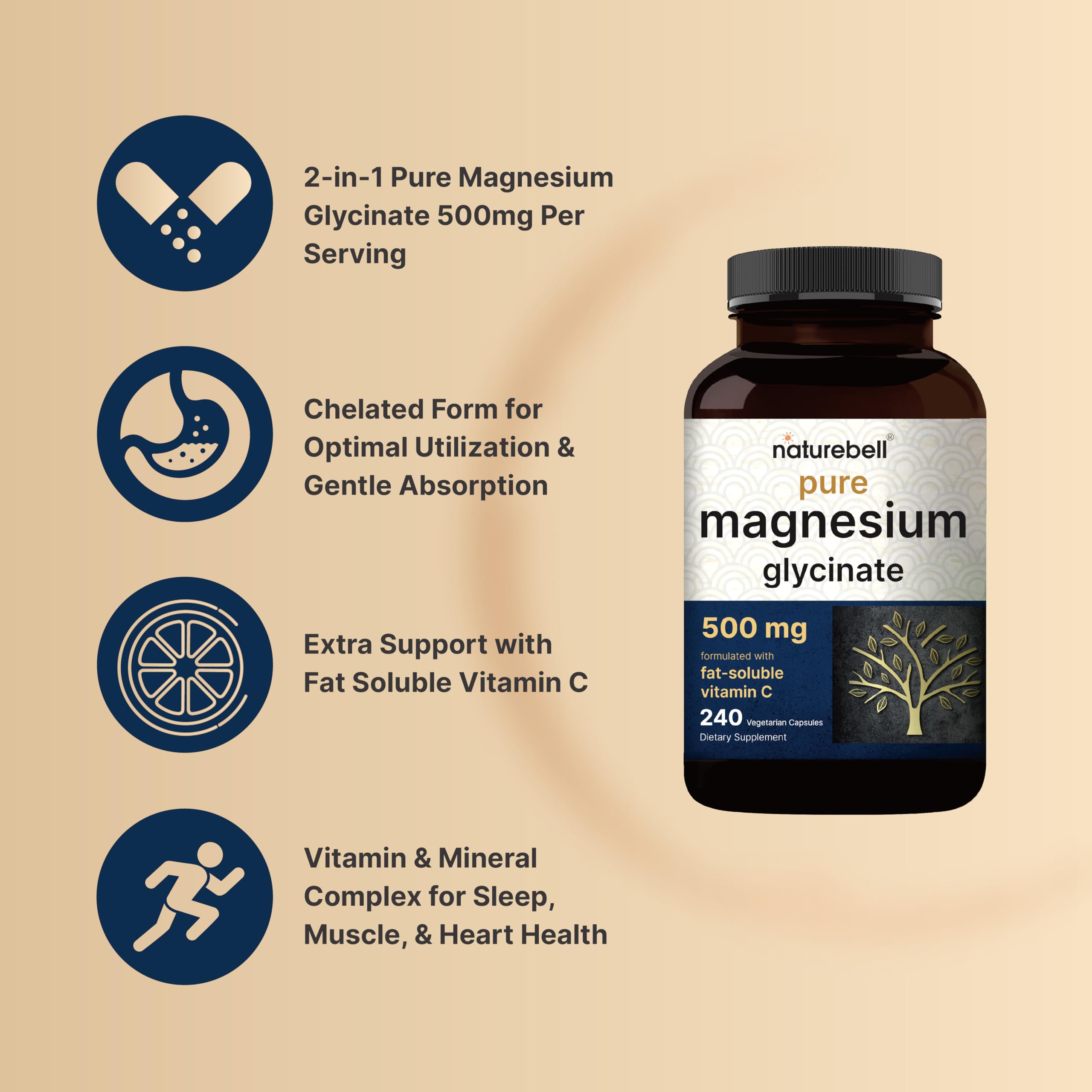 Naturebell Pure Magnesium Glycinate 500mg, 240 Veggie Capsules | 100% Chelated & Purified – 3rd Party Tested, Vegan Friendly, Non-GMO, Fiiler Free NatureBellAu supplements