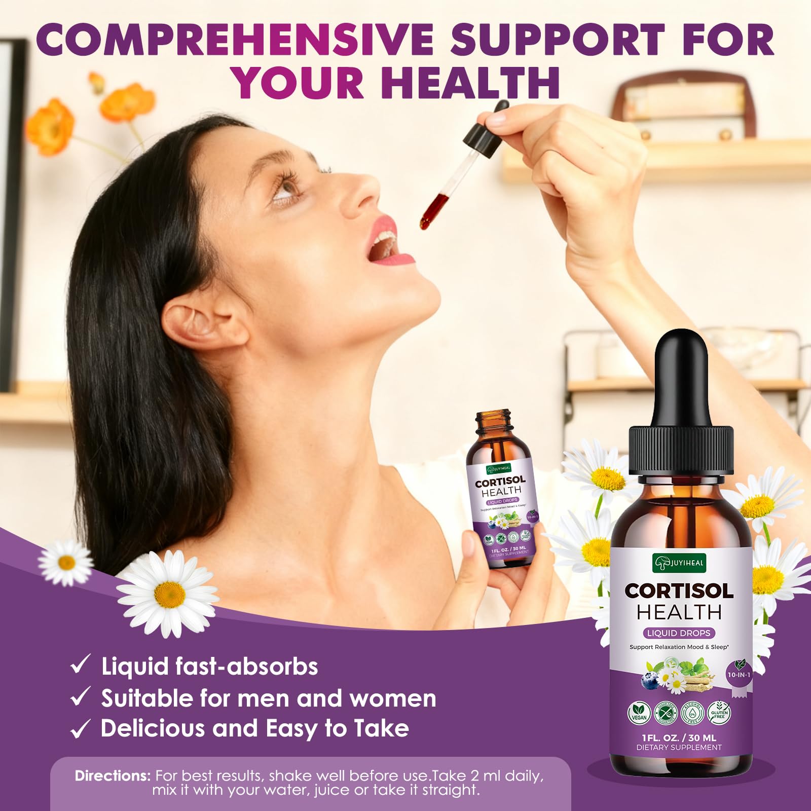 JUYIHEAL Cortisol Supplements, 10 in 1 Cortisol Detox Manager Reducer Hormone Balance Liquid Drops with Ashwagandha, Magnesium, L-theanine JUYIHEALAu supplements