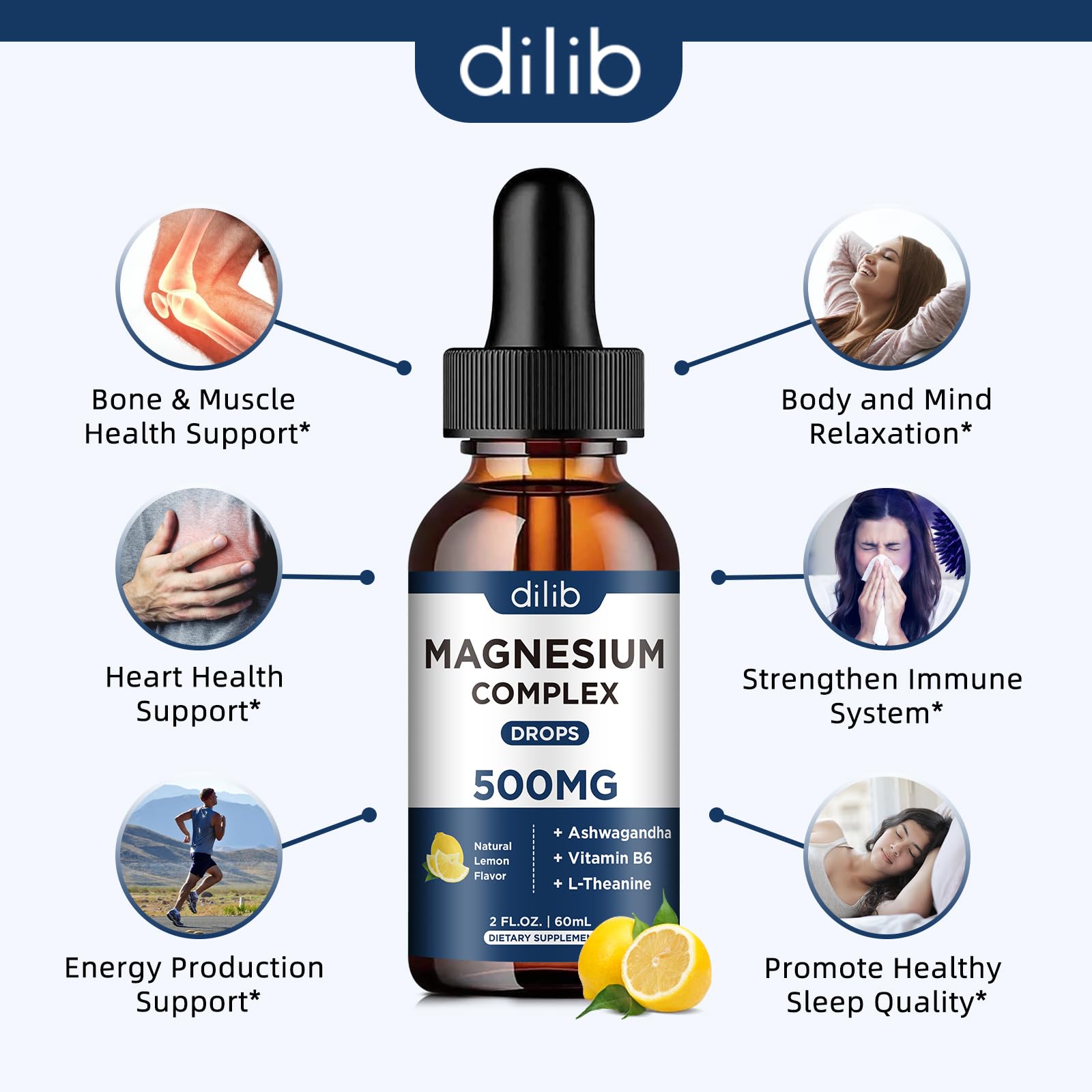 Magnesium Glycinate Liquid Drops, Triple Magnesium Complex Supplement with Citrate, Malate 500mg Ashwagandha, L-Theanine, Vitamin B6 for Sleep, Calm, Stress Relief, Bone, Muscle, Mood - Lemon Flavor dilibAu supplements
