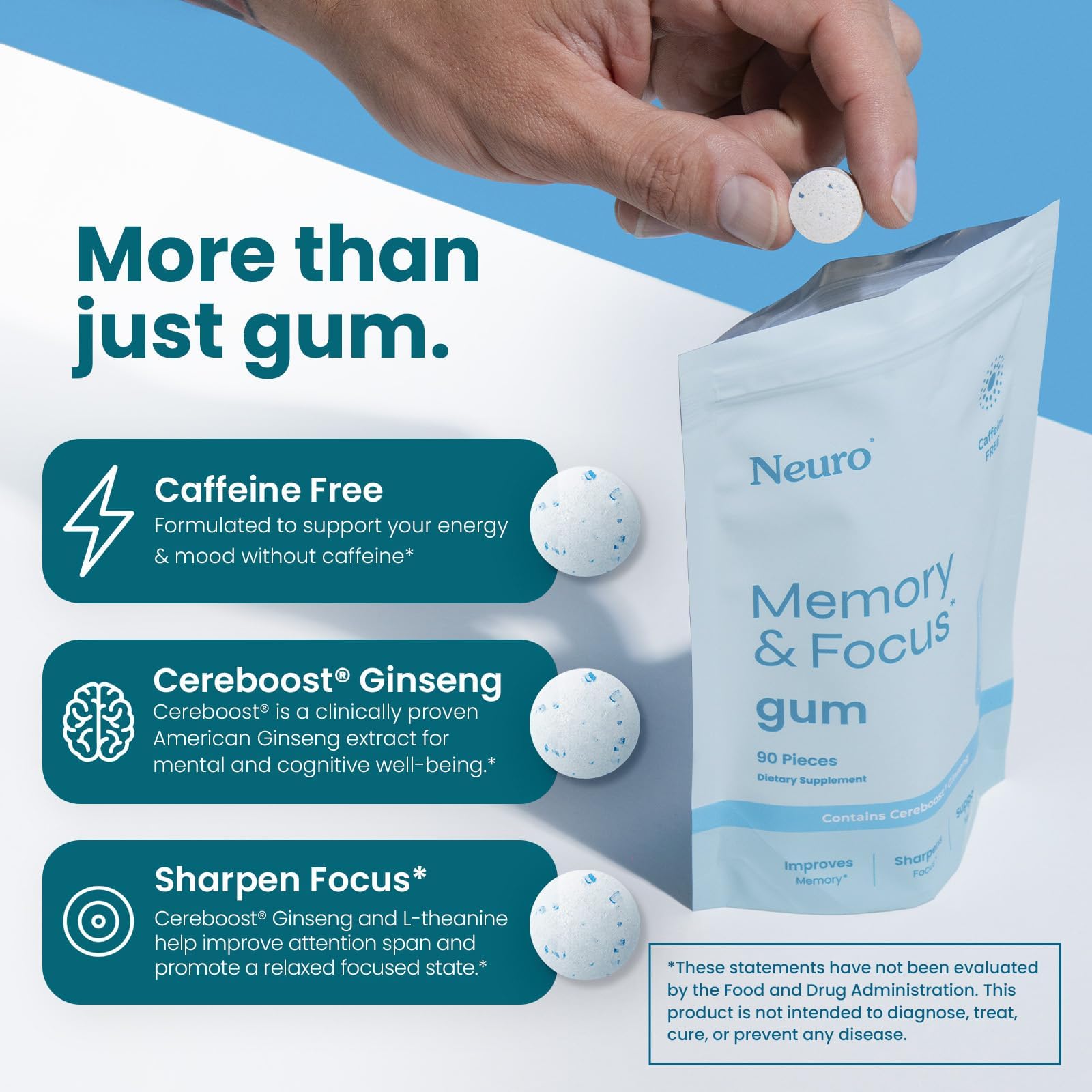 Neuro Memory & Focus Gum - Nootropic Gum with Vitamin B12, Vitamin B6, L-Theanine & Ginseng Extract - Natural Brain Support Supplement - Vegan, Caffeine & Sugar Free Chews - Peppermint, 90 ct NeuroAu supplements