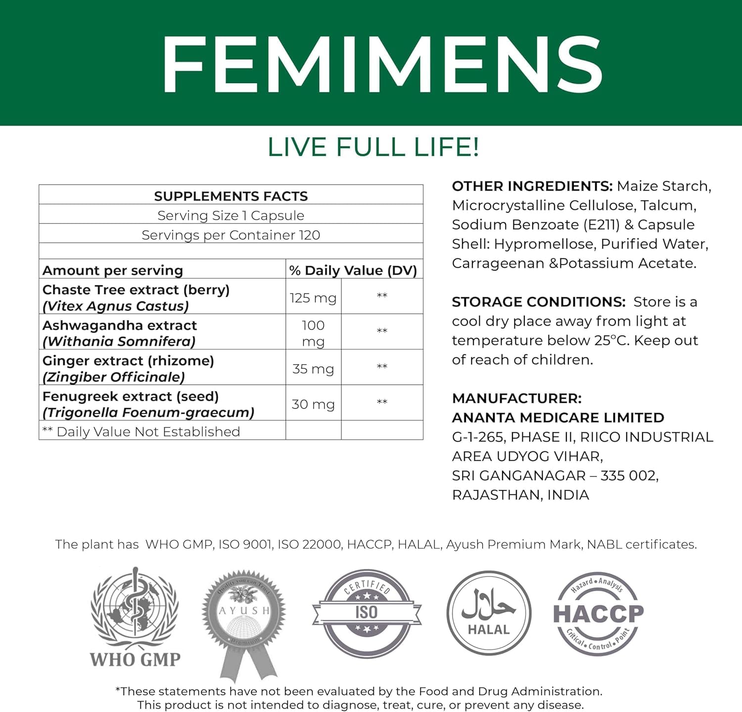 FEMIMENS – PMS Support Supplement for Women – PMS Relief for Women & Menstrual Cramp Relief – Hormonal Balance for Women – Chasteberry Vitex, Ashwagandha, Ginger, Fenugreek – 120 Vegan Capsules Ananta Medicare USAAu supplements