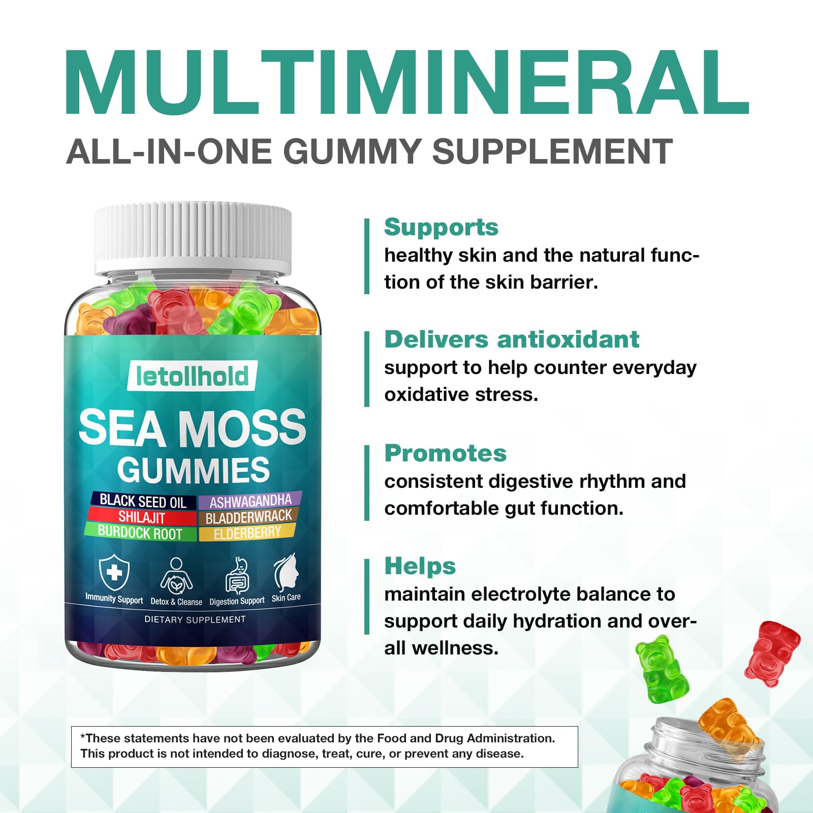 Sea Moss Gummies - Irish Sea Moss Gummies Advanced for Adults with Ashwagandha Bladderwrack & Burdock Root for Supports Immune，Energy - 60 Vegan Gummy,2PCS letollholdAu supplements