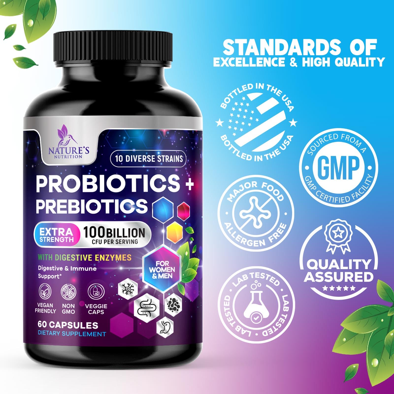 Probiotics 100 Billion CFU Per Serving - 10 Probiotic Strains & Prebiotics - Digestive Gut Health, Immune Support & Occasional Constipation, Gas & Bloating - Daily Supplement For Adults - 60 Capsules Nature's NutritionAu supplements