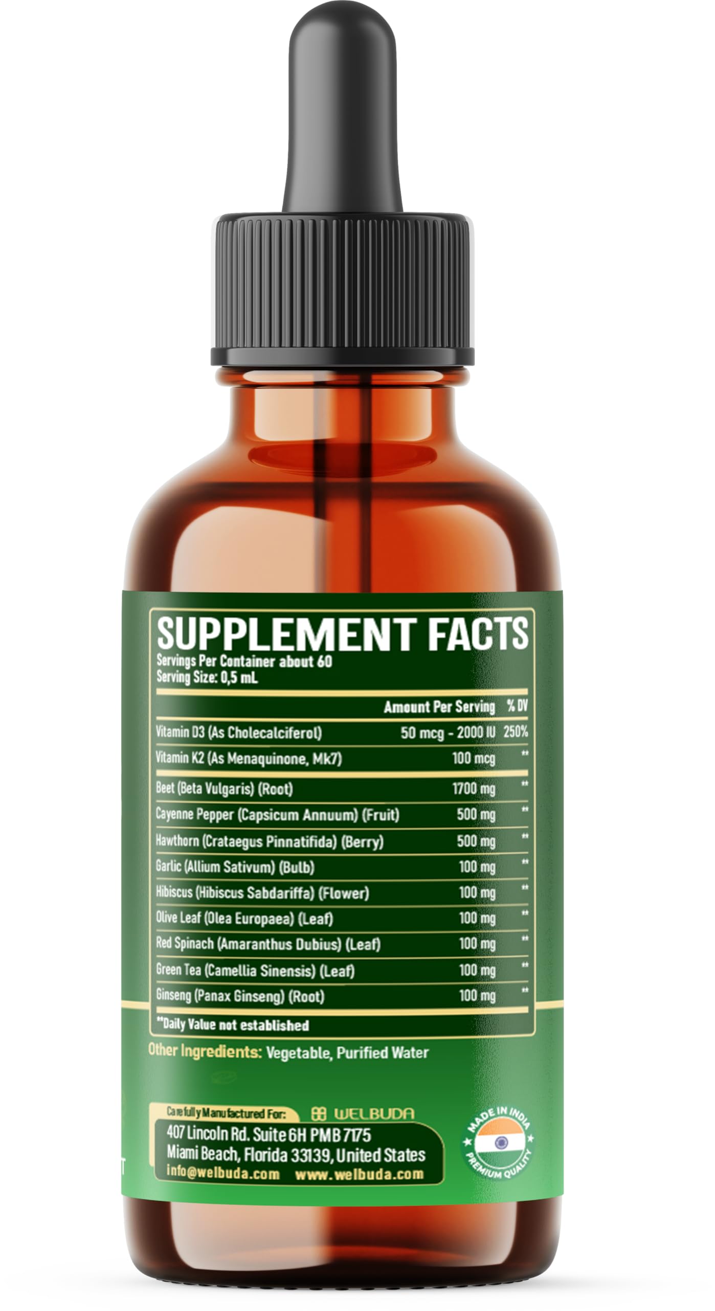 11in1 Beet Root Liquid Supplement - for Support Immune, Energy - with Vitamin D3, Vitamin K2, Hawthorn Berry, Cayenne Pepper, Garlic, Hibiscus, Olive, Red Spinach, Green Tea - 1 FL Oz - 30 Servings WELBUDAAu supplements